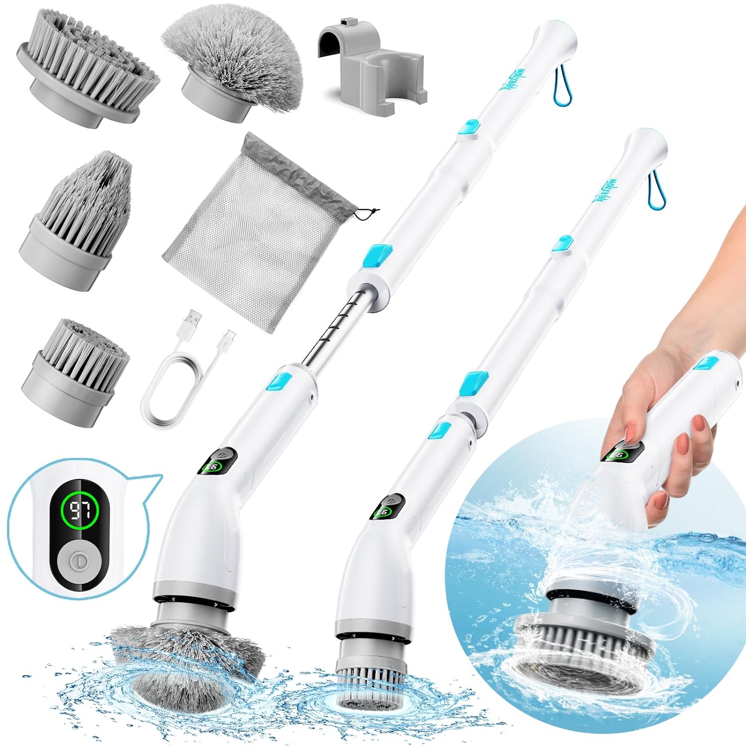 Electric Spin Scrubber, RELEXNOW Shower Scrubber Cordless Cleaning Brush Full-Body IPX7 3 Speeds LCD Display, 4 Replaceable Brush Heads Extension Arm Power Bathtub Scrubber