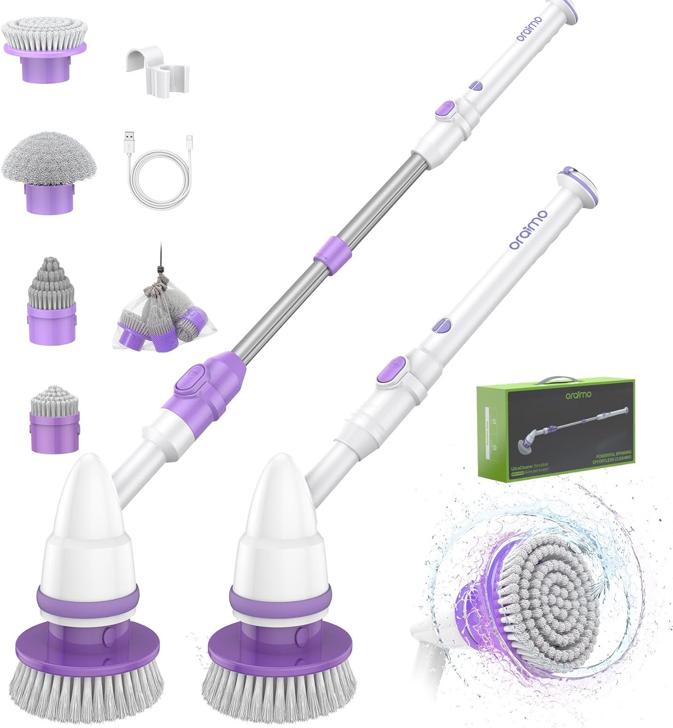 Oraimo Electric Spin Scrubber, Electric Bathroom Scrubber, 430RPM Cordless Shower Scrubber with Adjustable Extension Arm for Bathroom, 3 Replaceable Brushes (Purple)