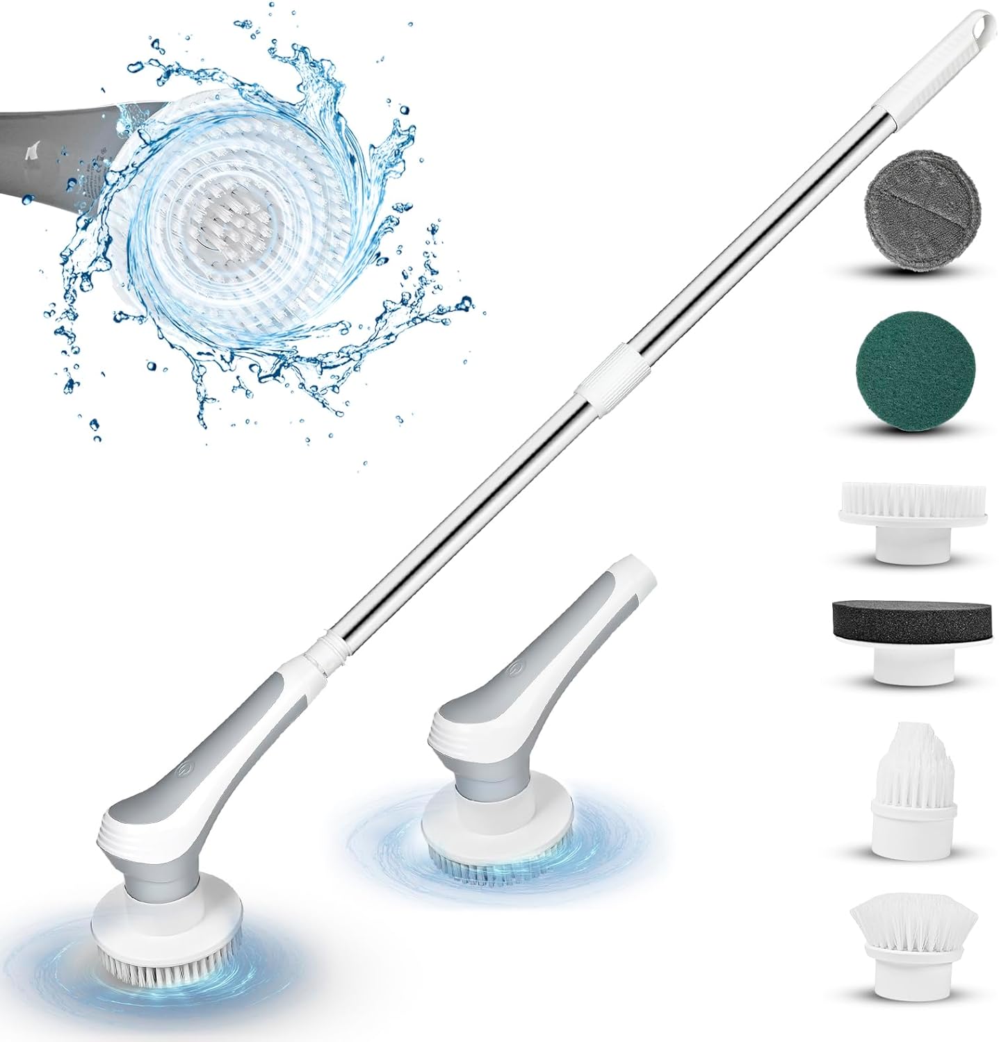 Electric Spin Scrubber Cordless, Power Electric Scrubber with Long Handle, Adjustable Extension Handle, Adjustable Cleaning Brush with 6 Brush Heads for Bathroom, Kitchen Cleaning