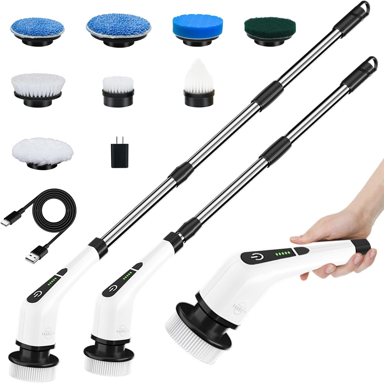 Leebein Electric Spin Scrubber, Cordless Cleaning Brush with 8 Replaceable Brush Heads, Tub and Floor Tile 360 Power Scrubber Dual Speed with Adjustable & Detachable Handle for Bathroom Kitchen Car