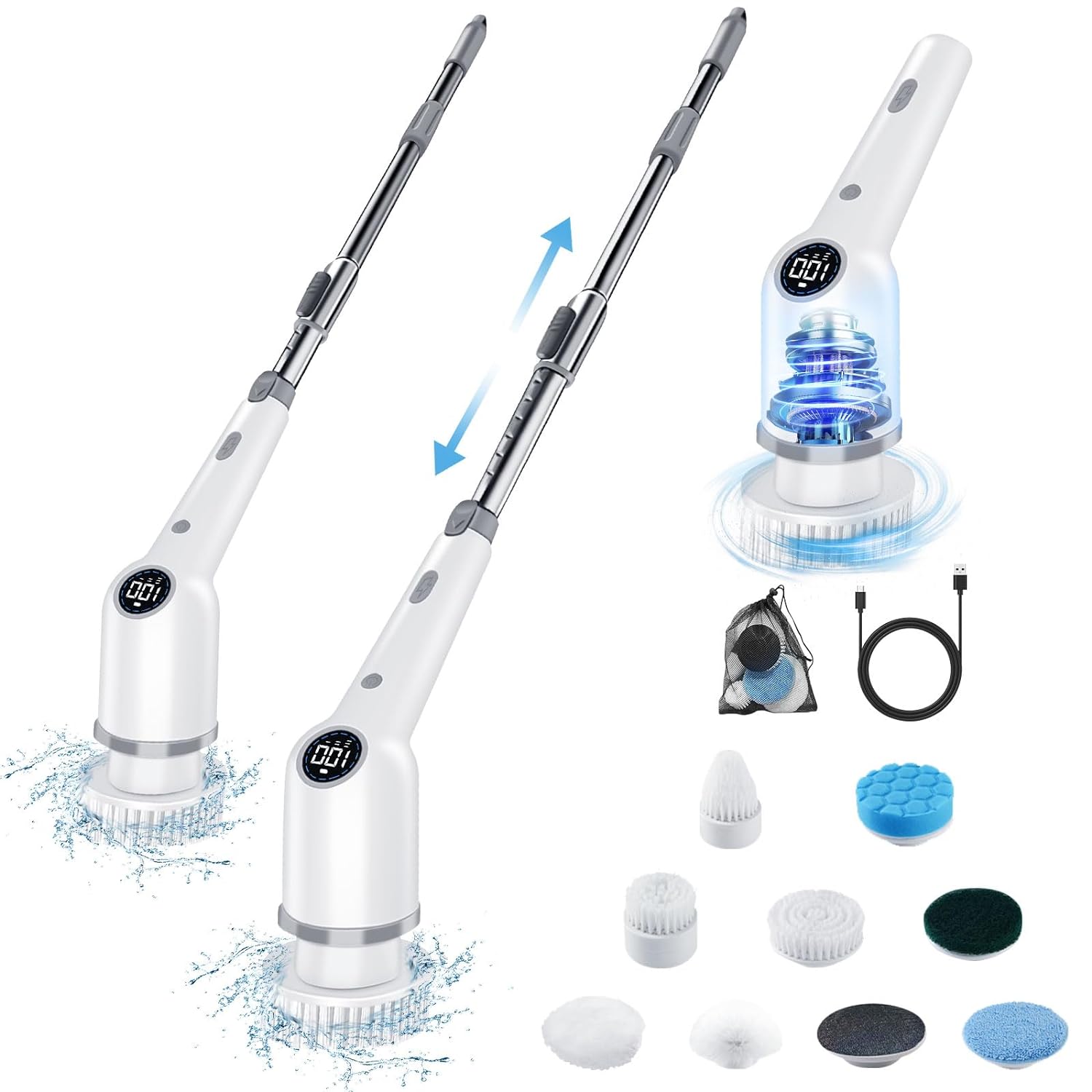 Electric Spin Scrubber, Max 510 RPM Cordless Digital Display Shower Cleaning Scrubber with 3 Speeds, Scrubber with Long Handle & 9 Replaceable Brushes for Shower Cleaning Scrubber to Kitchens, Car