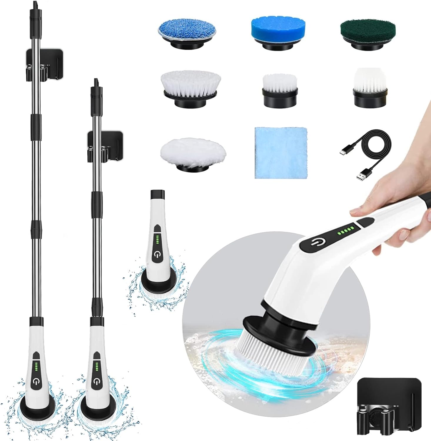 Electric Spin Scrubber, LOSUY Cordless Cleaning Brush with 7 Replaceable Drill Brush Heads and 54 Inch Adjustable Extension Arm, Power Shower Scrubber for Bathroom, Kitchen, Floor, Tile, Tub