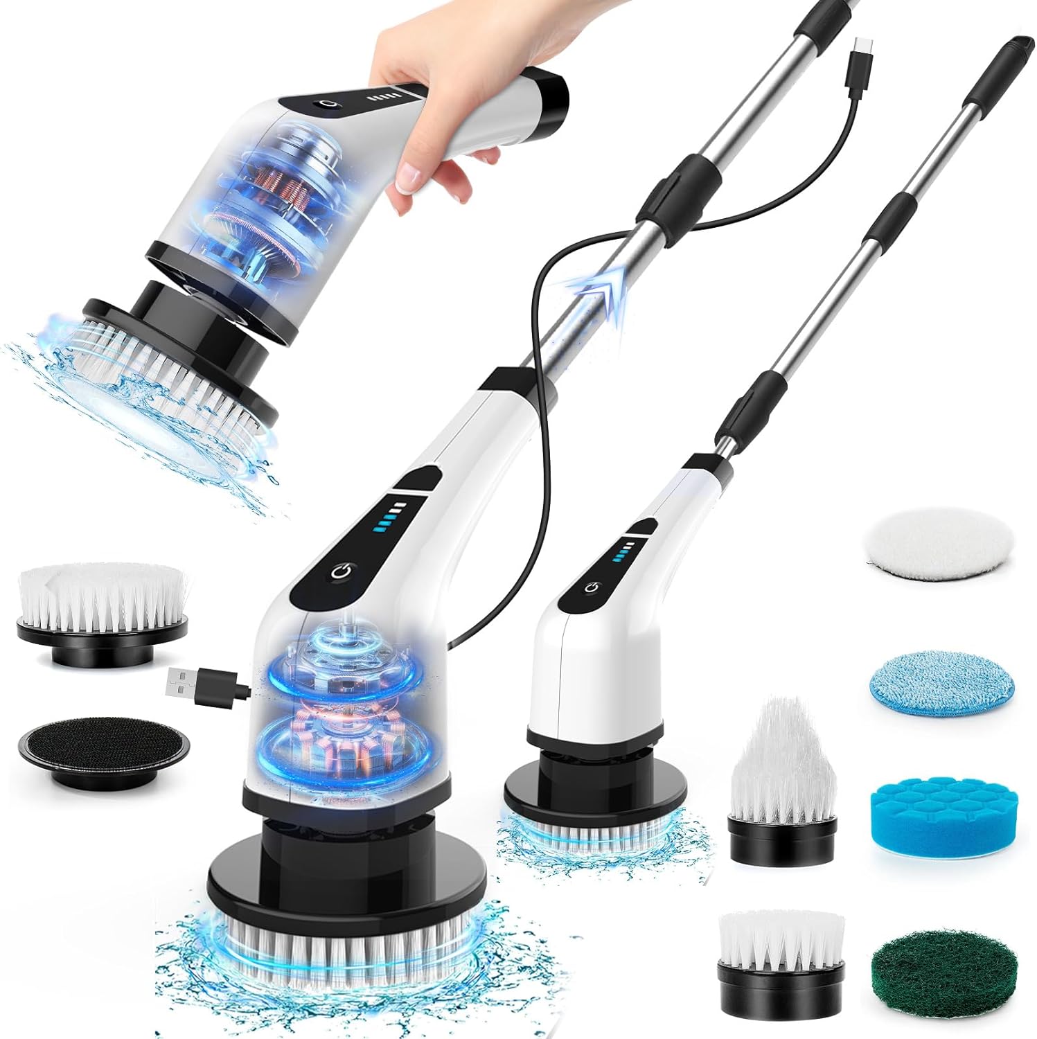 Rechargeable Cordless Electric Spin Scrubber with Long Handle & 7 Replaceable Brush Heads, IPX7 Waterproof, 2 Adjustable Speeds, Power Shower Scrubber for Bathroom, Tub, Tile, Floor, Kitchen, Window