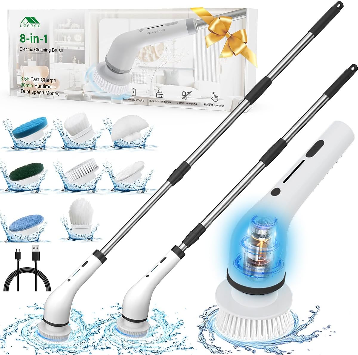 Lefree Electric Spin Scrubber, Electric Scrubber for Cleaning with 8 Replaceable Brush Heads, 2 Adjustable Speeds,Power Battery Upgrade, Cordless and Portable for Cleaning Tile, Window, Floor,Tub,Car