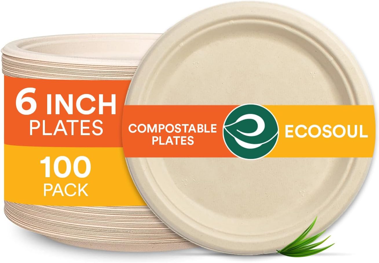 ECO SOUL 100% Compostable 6 Inch Paper Plates (100-Pack) Small Disposable Party Heavy Duty, Eco-Friendly, Appetizer, Dessert, Wedding Plates I Biodegradable Unbleached Sugarcane Eco Plates