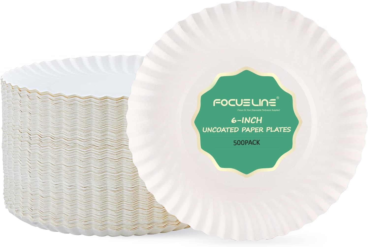 FOCUSLINE 6 Inch White Paper Plates 500 Count, Uncoated Paper Plates, Everyday Disposable Dessert Plates 6 Paper Plate Bulk, Pack of 500 Count