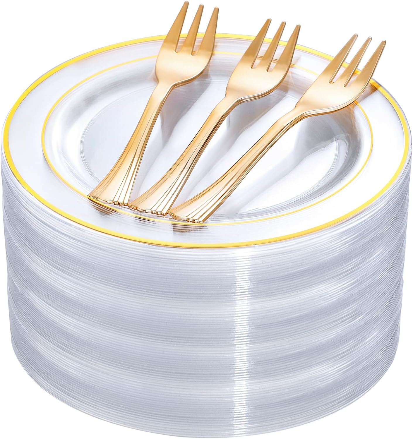 DaYammi 240 Pcs Gold Dessert Plates Set Includes 120 Gold Disposable Salad Plates 6.5 120 Gold Plastic Forks 5.7,Clear Gold Rim Cake Plates,Fancy Gold Appetizer Plates for Party and Wedding