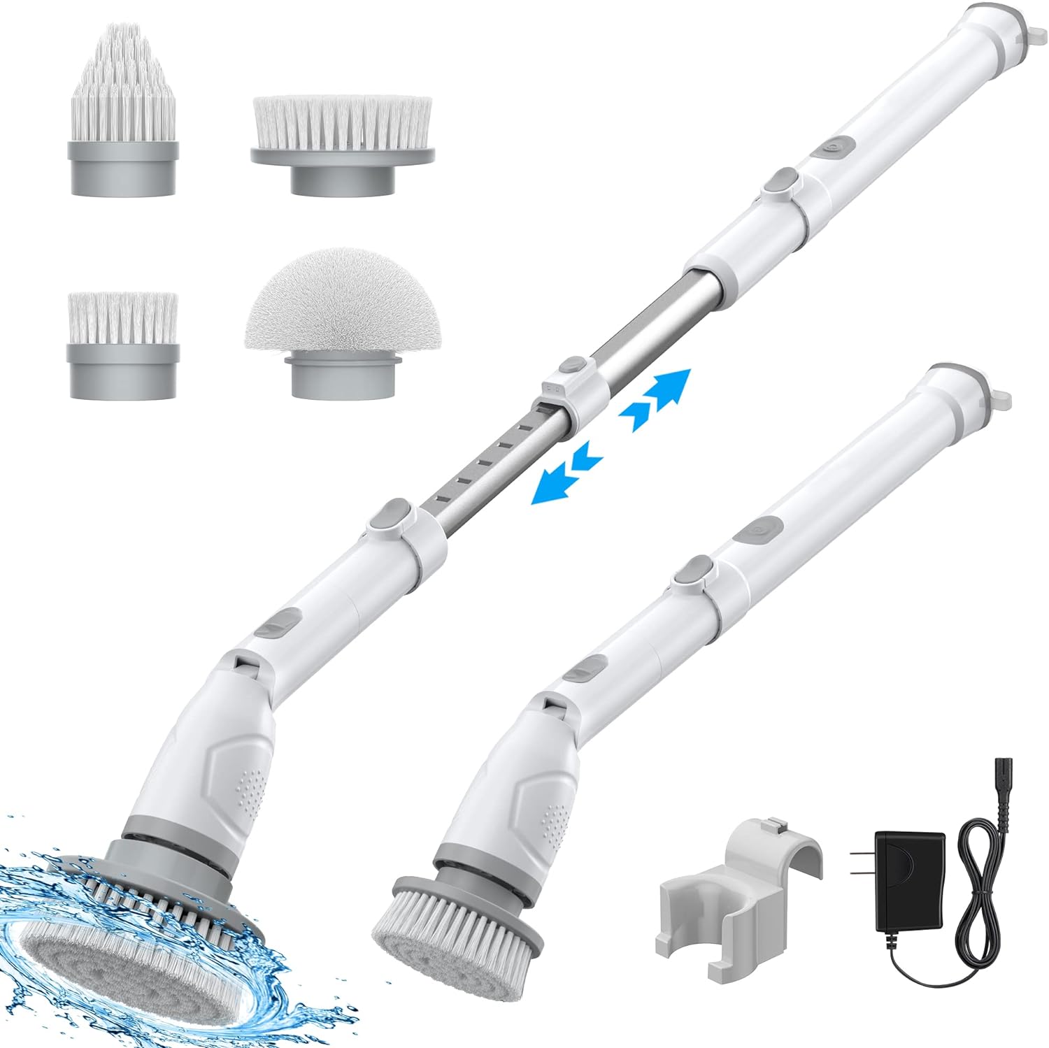 Voweek Electric Spin Scrubber, Power Scrubber with 4 Replaceable Brush Heads and Adjustable Extension Arm, Cordless Household Cleaning Brush for Bathroom Tub Tile Floor