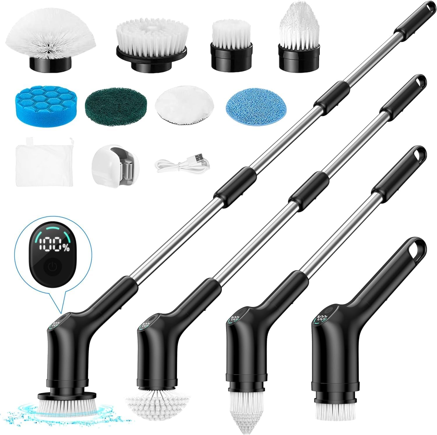 Electric Spin Scrubber, FRIWOLE Upgrade LED Display 3 Speeds Cordless Cleaning Brush with 8 Replaceable Brush Heads, with Adjustable & Detachable Handle Up to 450 RPM (White)