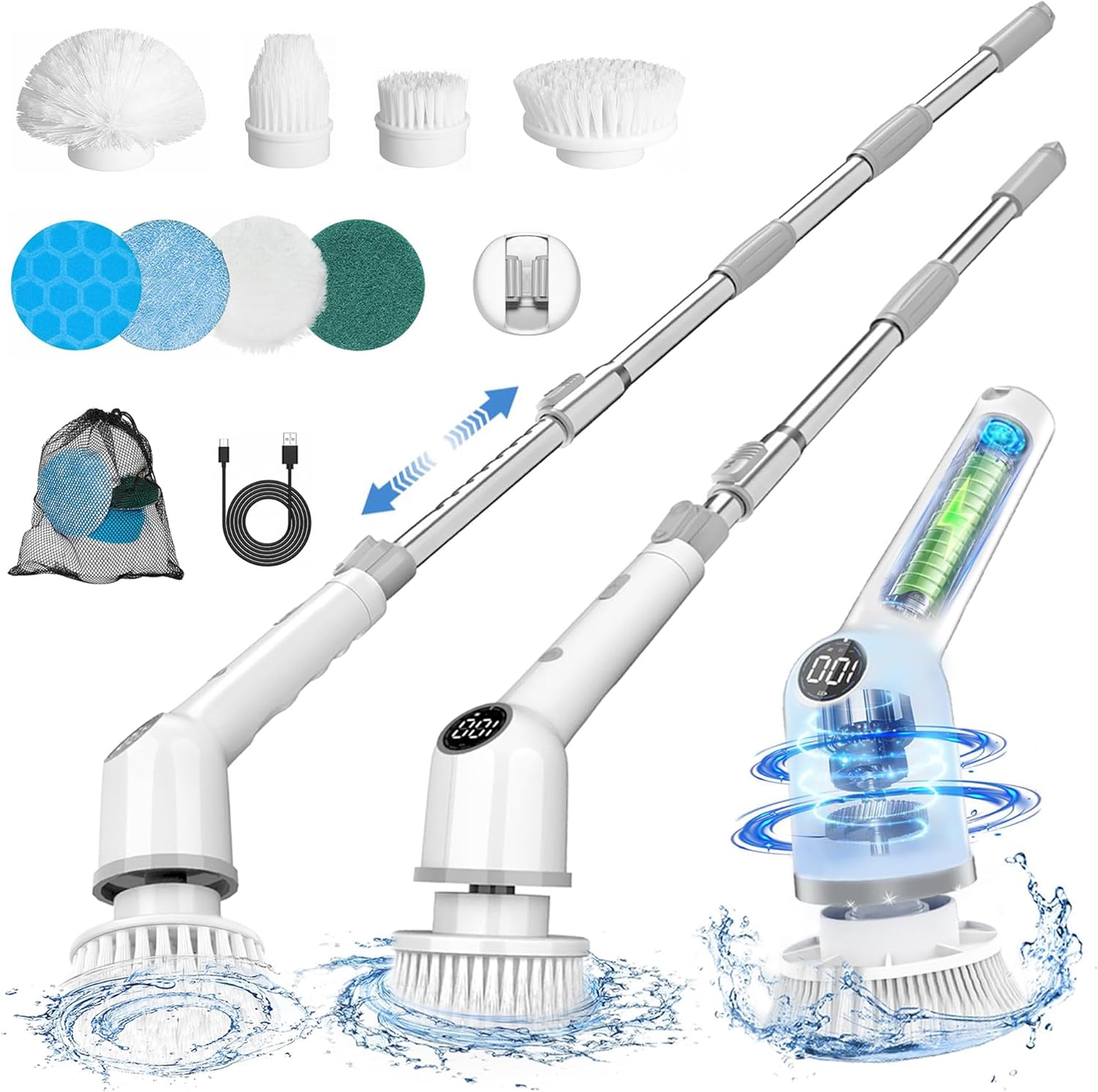 Electric Spin Scrubber: Cordless Shower Scrubber with 8 Replaceable Brush Heads- 3 Adjustable Speeds- Adjustable Extension Handles- Power Cleaning Brush for Bathroom- Floor- Tile