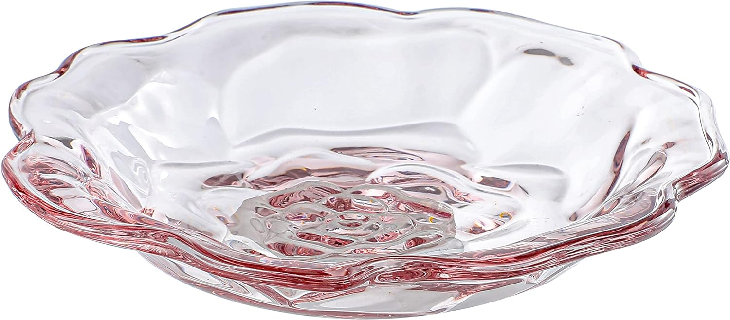 Crystal Glass Rose Flower Snack Plate for Vintage Tea Party Supplies, 6.3 Inch Dried Glass Desert Plates for Afternoon Tea, Weddings, Dessert Plate for kitchen (Light Pink)