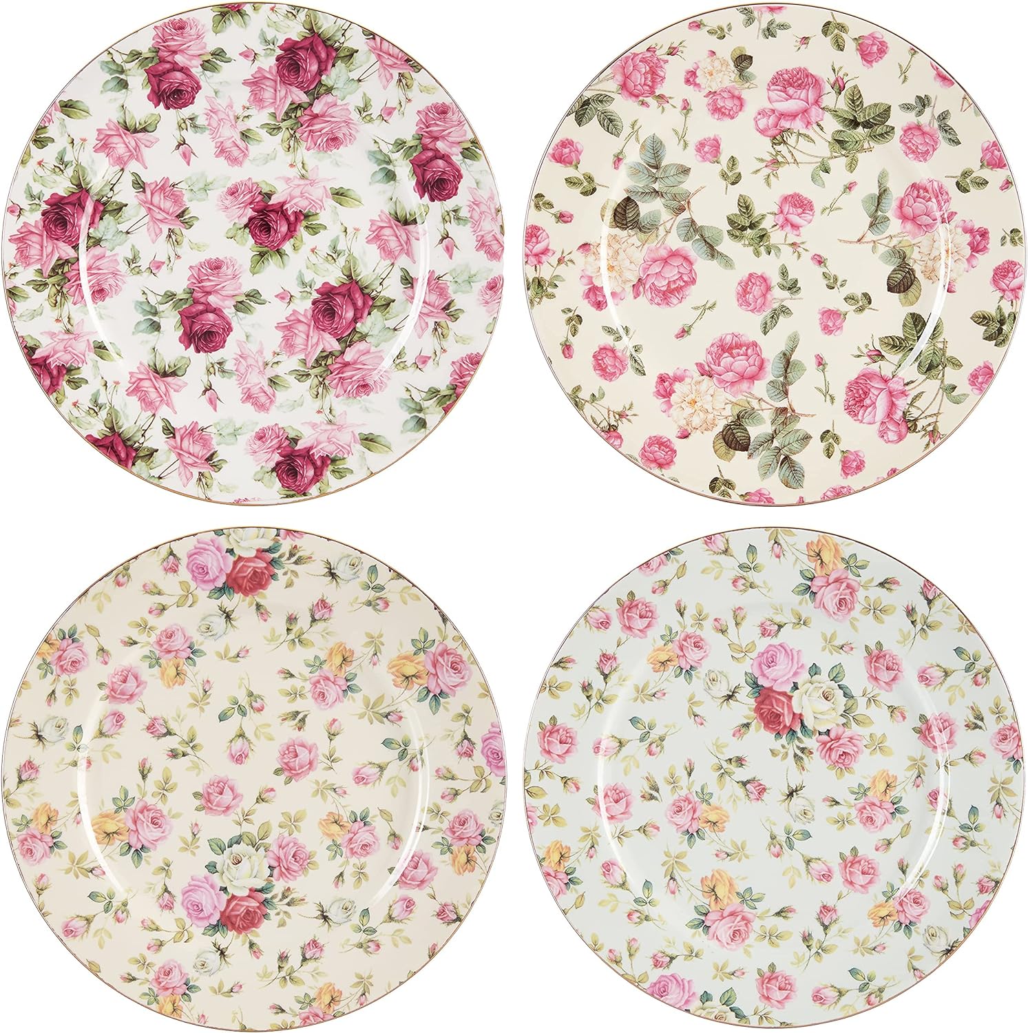 Gracie China Rose Chintz Porcelain 8-Inch Dessert Plate Set of 4, Assorted Four Designs