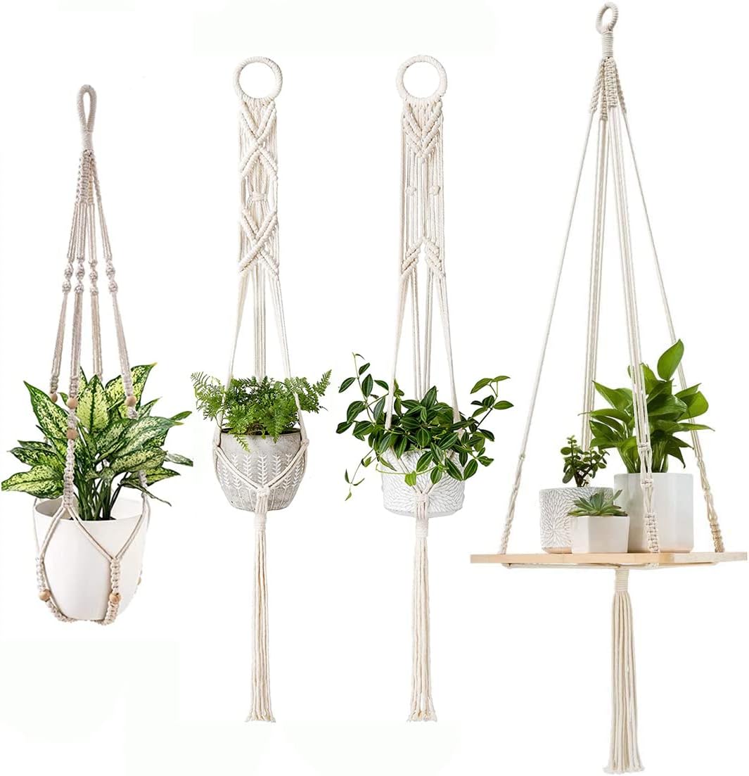 Mkono Macrame Plant Hangers Hanging Plant Shelf Indoor Wall Planter Decorative Flower Pot Holder Boho Home Decor, Set of 4