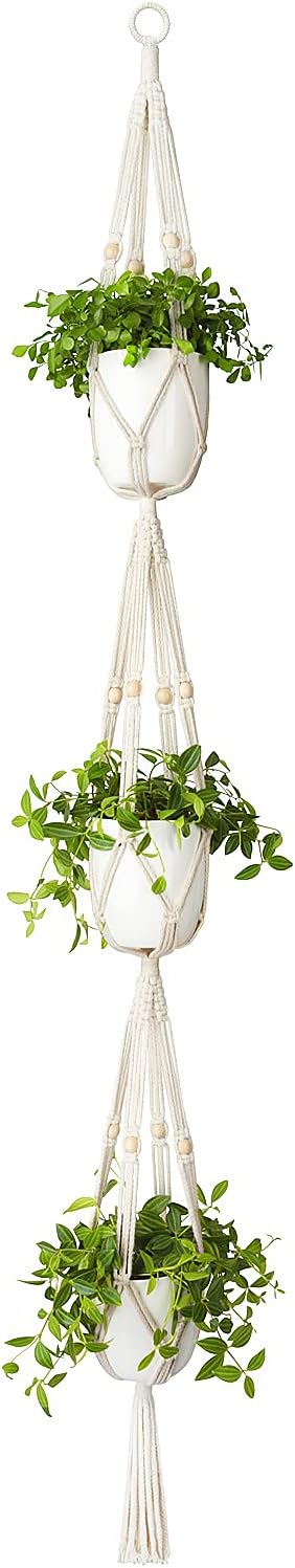 Mkono Macrame Plant Hanger 3 Tier Indoor Outdoor Hanging Planter Basket Cotton Rope with Beads 70 Inches