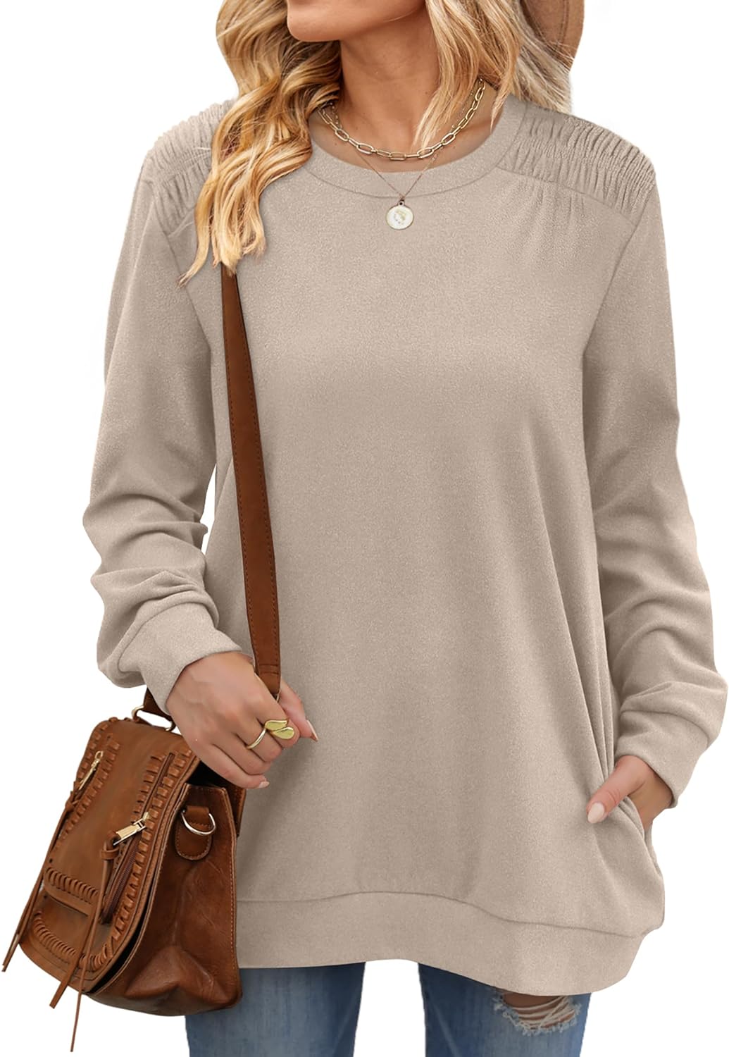 XIEERDUO Womens Crewneck Sweatshirt Pockets Oversized Fleece Long Sleeve Fall Tunic Tops