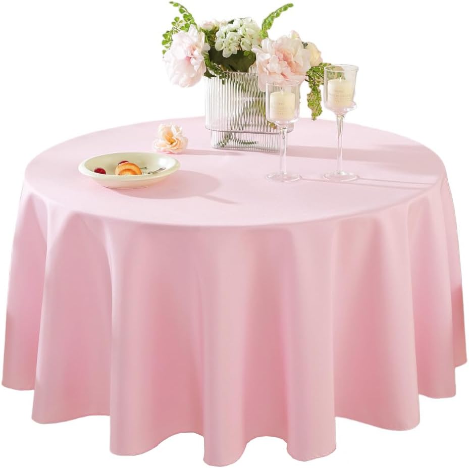 Craft And Party Round Tablecloth, 120 Inch Pink Tablecloth, Polyester Fabric Washable Table Cloth for Home, Party, Wedding or Restaurant Use.