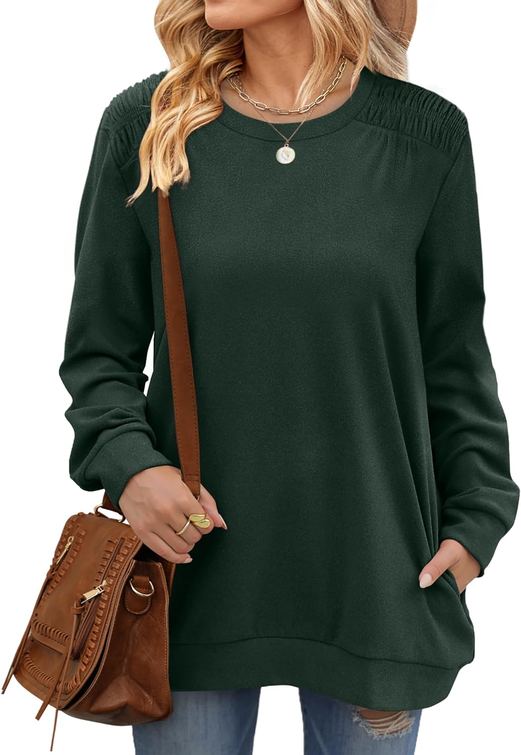 XIEERDUO Womens Crewneck Sweatshirt Pockets Oversized Fleece Long Sleeve Fall Tunic Tops