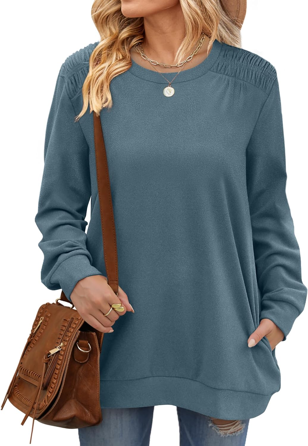 XIEERDUO Womens Crewneck Sweatshirt Pockets Oversized Fleece Long Sleeve Fall Tunic Tops