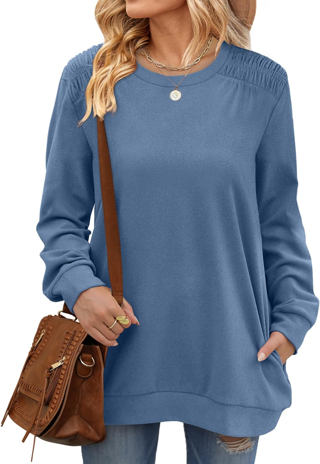 XIEERDUO Womens Crewneck Sweatshirt Pockets Oversized Fleece Long Sleeve Fall Tunic Tops