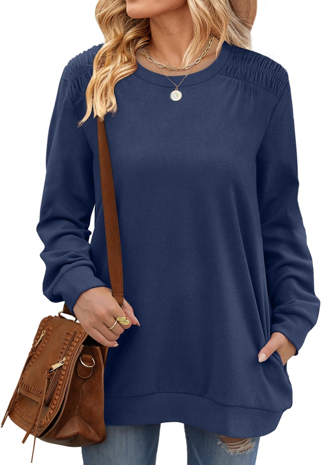 XIEERDUO Womens Crewneck Sweatshirt Pockets Oversized Fleece Long Sleeve Fall Tunic Tops