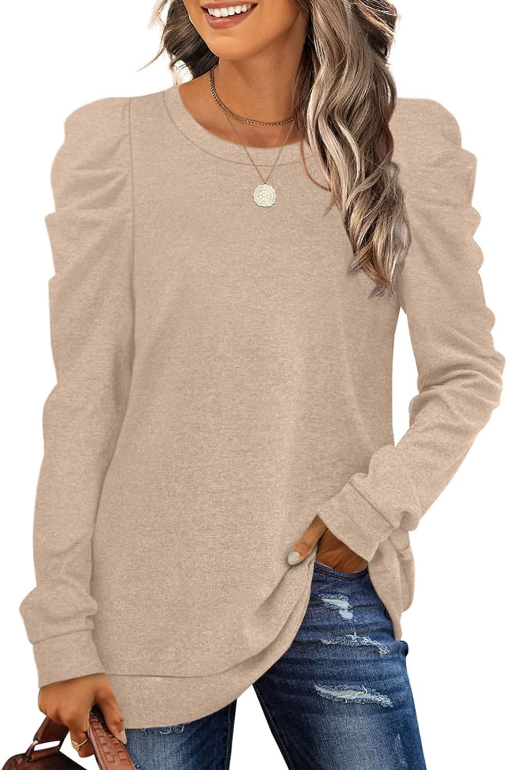 XIEERDUO Women' Sweatshirts Crew Neck Puff Sleeve Pullover Sweaters Loose Clothes Trendy Flowy