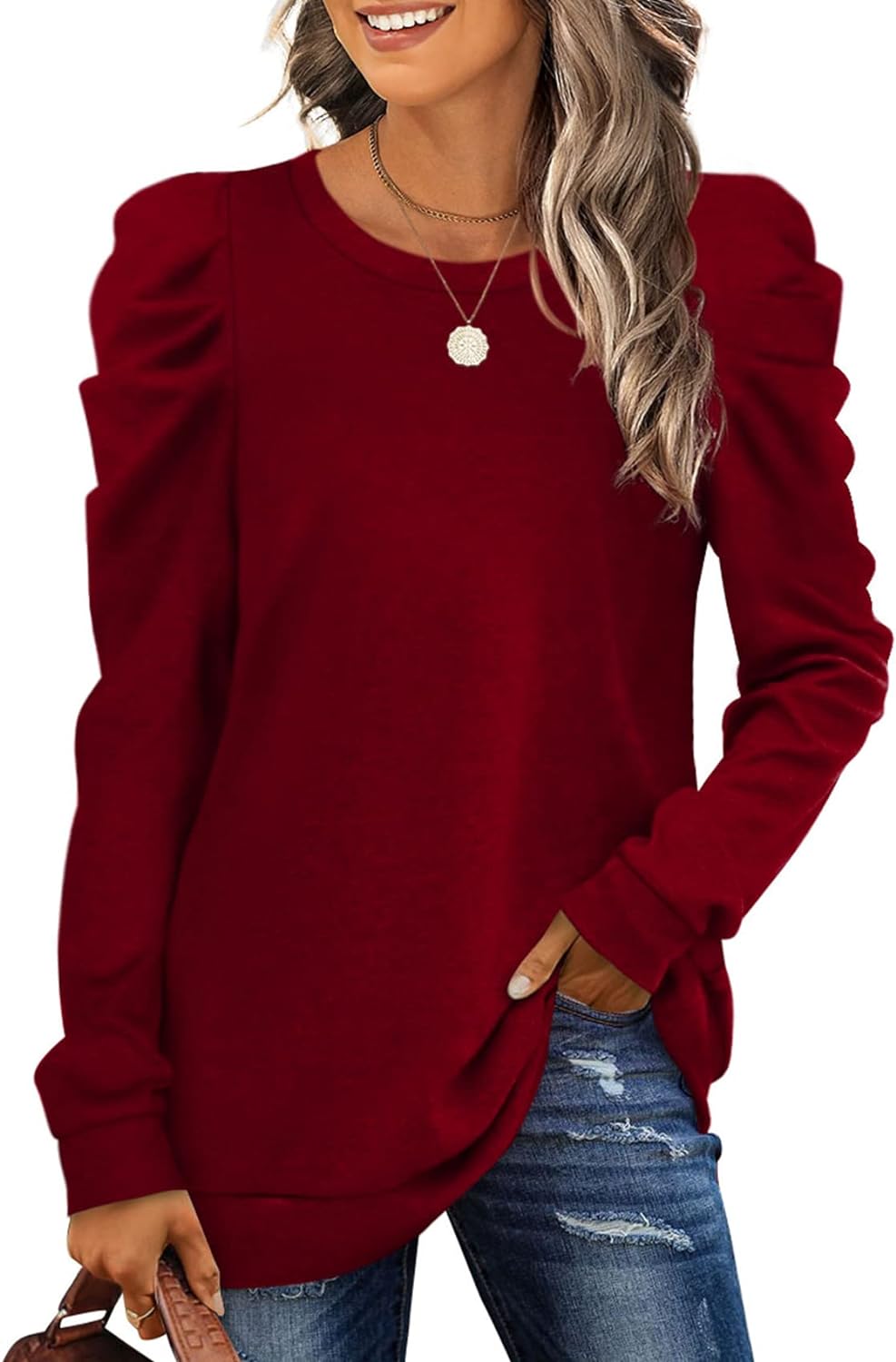 XIEERDUO Women' Sweatshirts Crew Neck Puff Sleeve Pullover Sweaters Loose Clothes Trendy Flowy