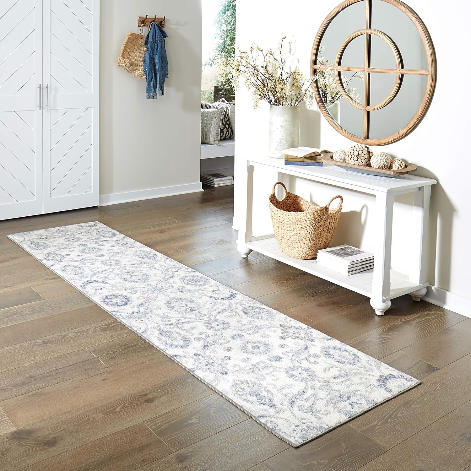 Maples Rugs Blooming Damask Non Slip Runner Rug For Hallway Entry Way Floor Carpet [Made in USA], 2'6 x 10, Grey/Blue