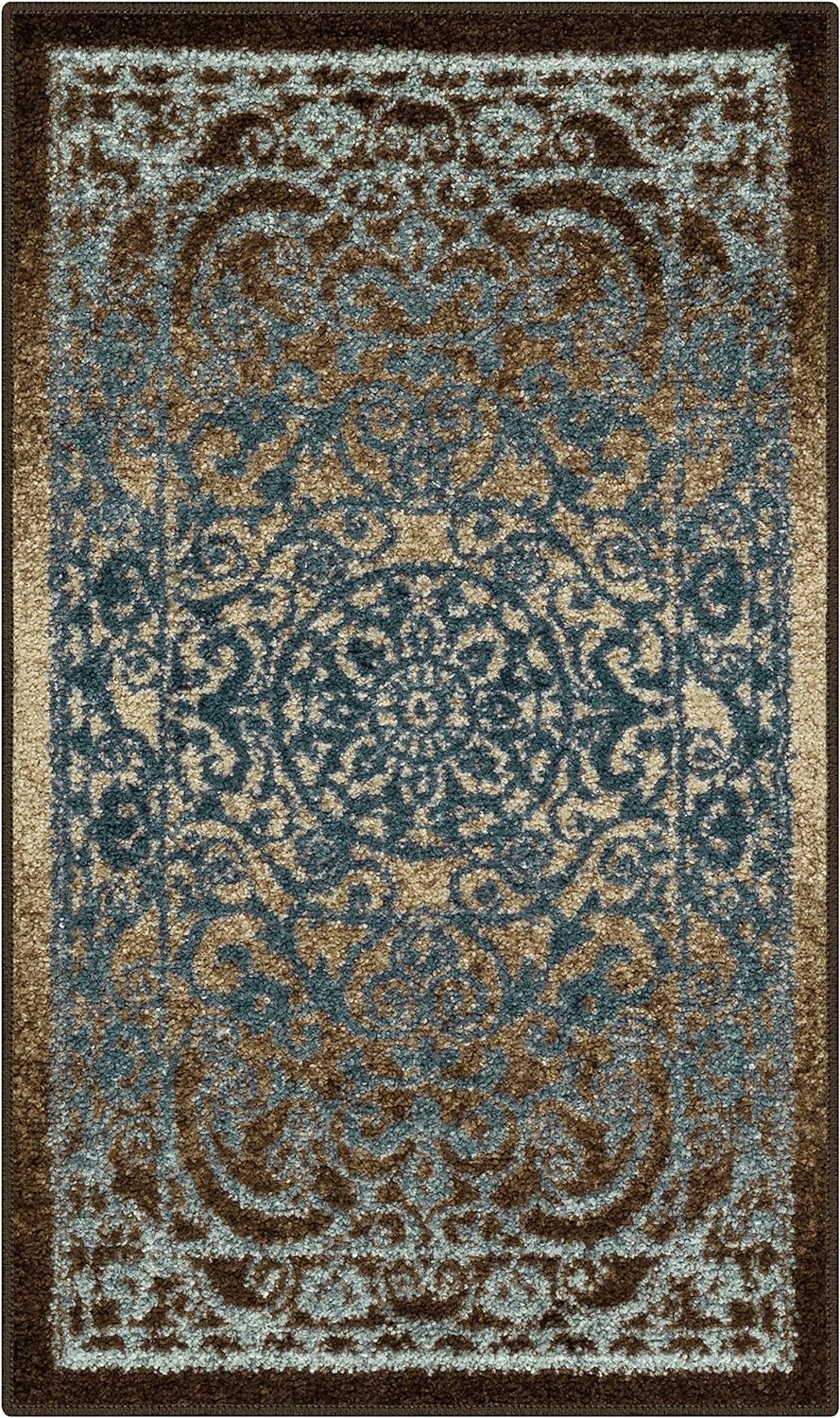 Maples Rugs Pelham Vintage Kitchen Rugs Non Skid Washable Accent Area Carpet [Made in USA], 1'8 x 2'10, Blue/Walnut