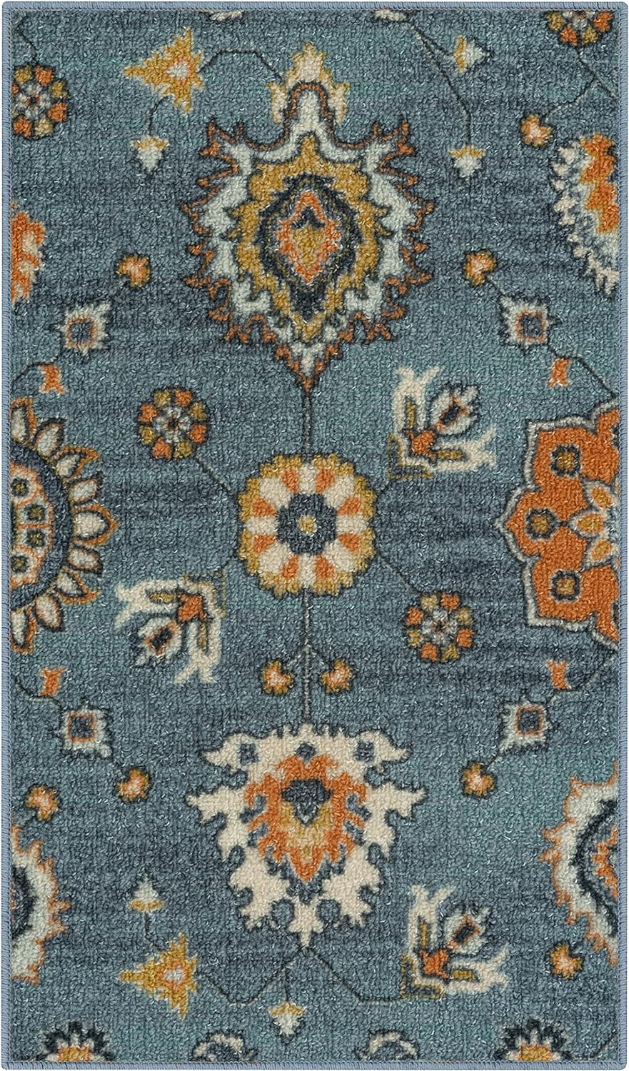 Maples Rugs Fleur Contemporary Motif Kitchen Rugs Non Skid Accent Area Carpet [Made in USA], Blue/Multi, 1'8 x 2'10