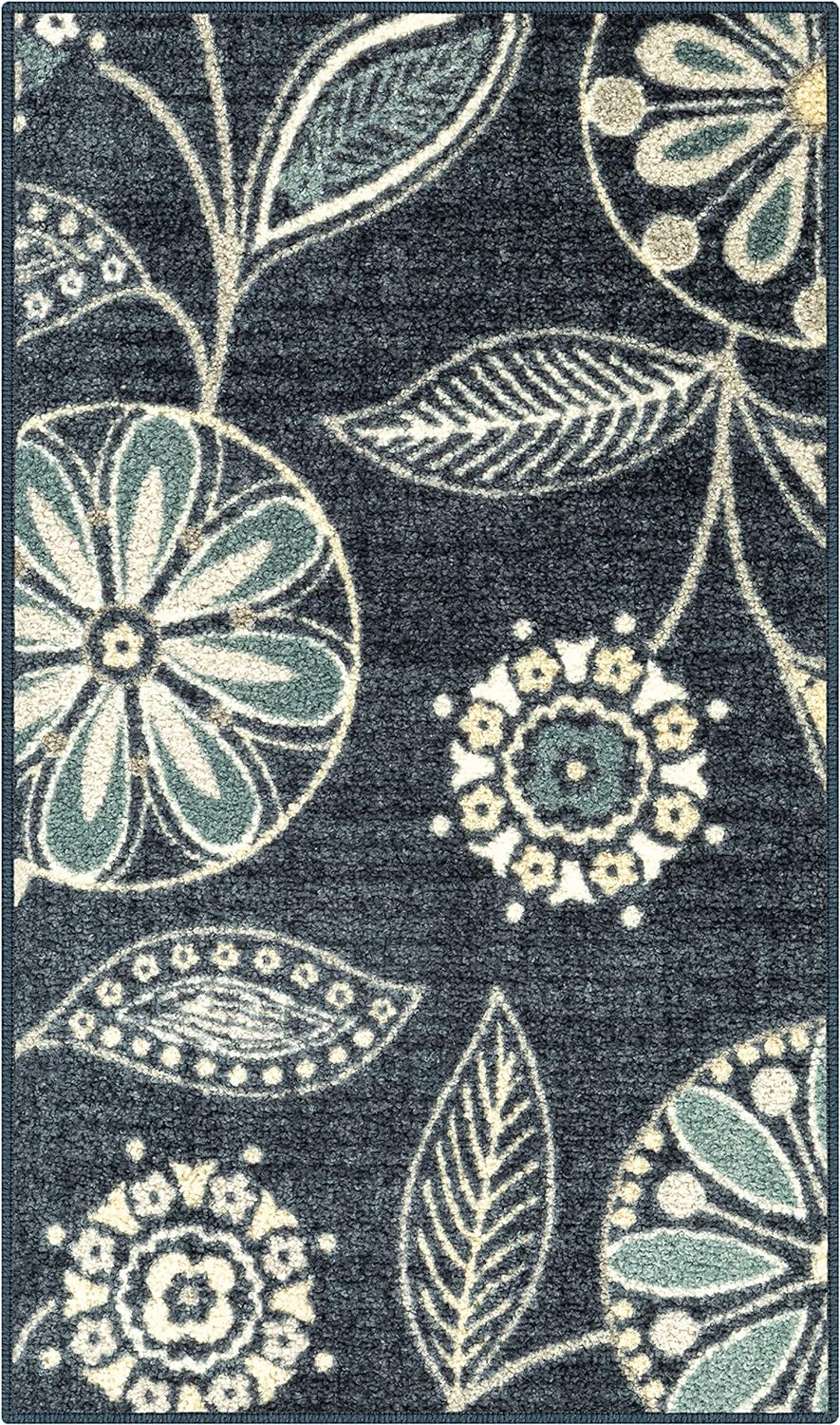 Maples Rugs Reggie Floral Kitchen Rugs Non Skid Accent Area Carpet [Made in USA], 1'8 x 2'10, Persian Blue