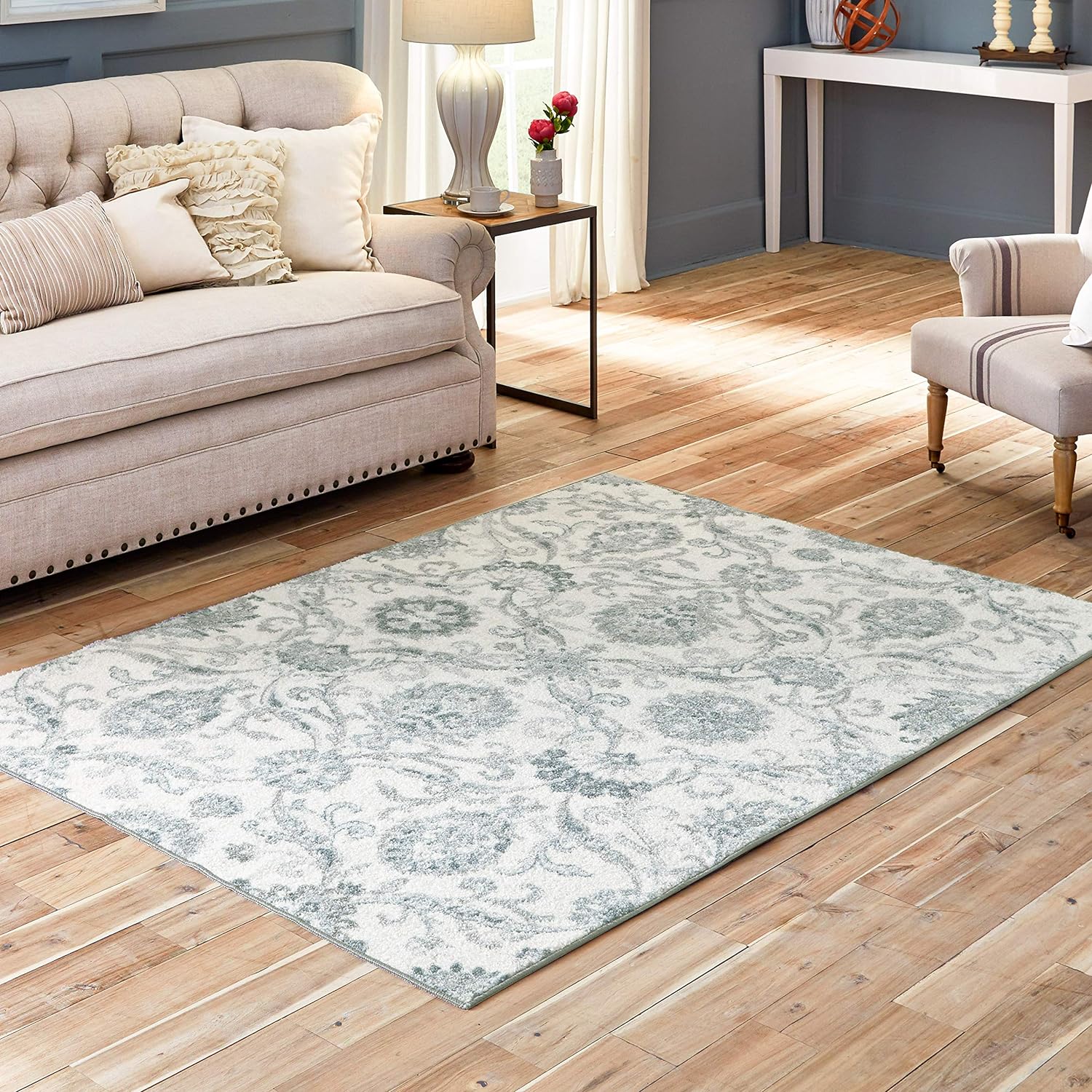 Maples Rugs Blooming Damask Area Rugs Carpet for Living Room & Bedroom [Made in USA], 5 x 7, Grey/Blue