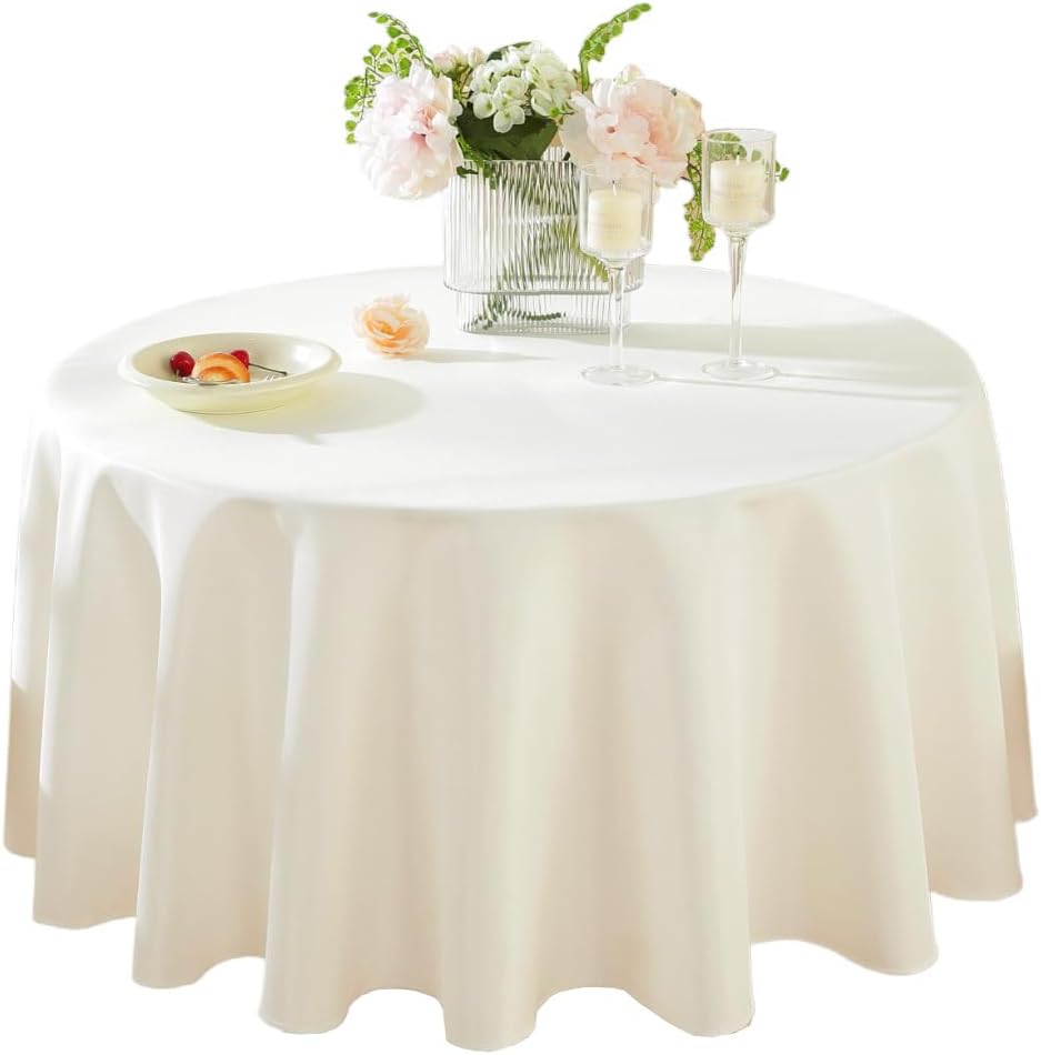 Craft And Party Round Tablecloth, 120 Inch Ivory Tablecloth, Polyester Fabric Washable Table Cloth for Home, Party, Wedding or Restaurant Use.