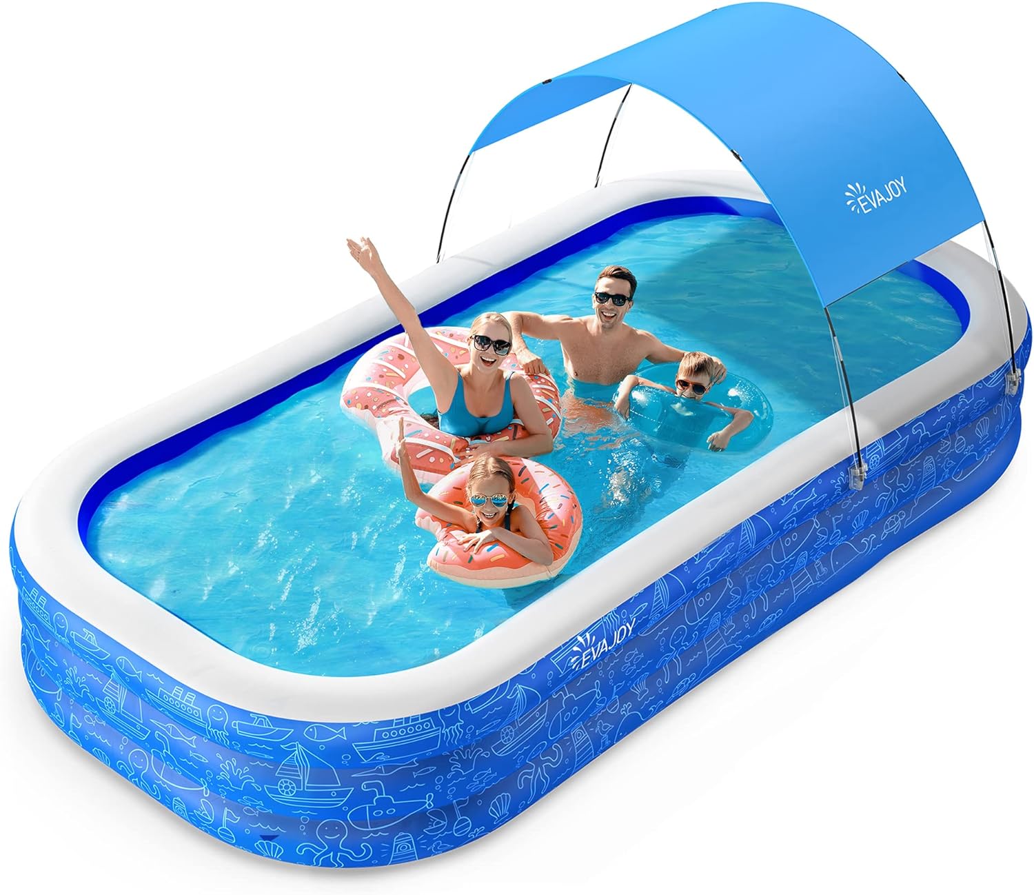 Large Inflatable Swimming Pool with Canopy, 150 x 70 x 20 Full-Sized Inflatable Pool for Kids & Adults, Kiddie Pool with Sun Shade, Blow Up Pool for Backyard, Garden, Age 3 , Blue