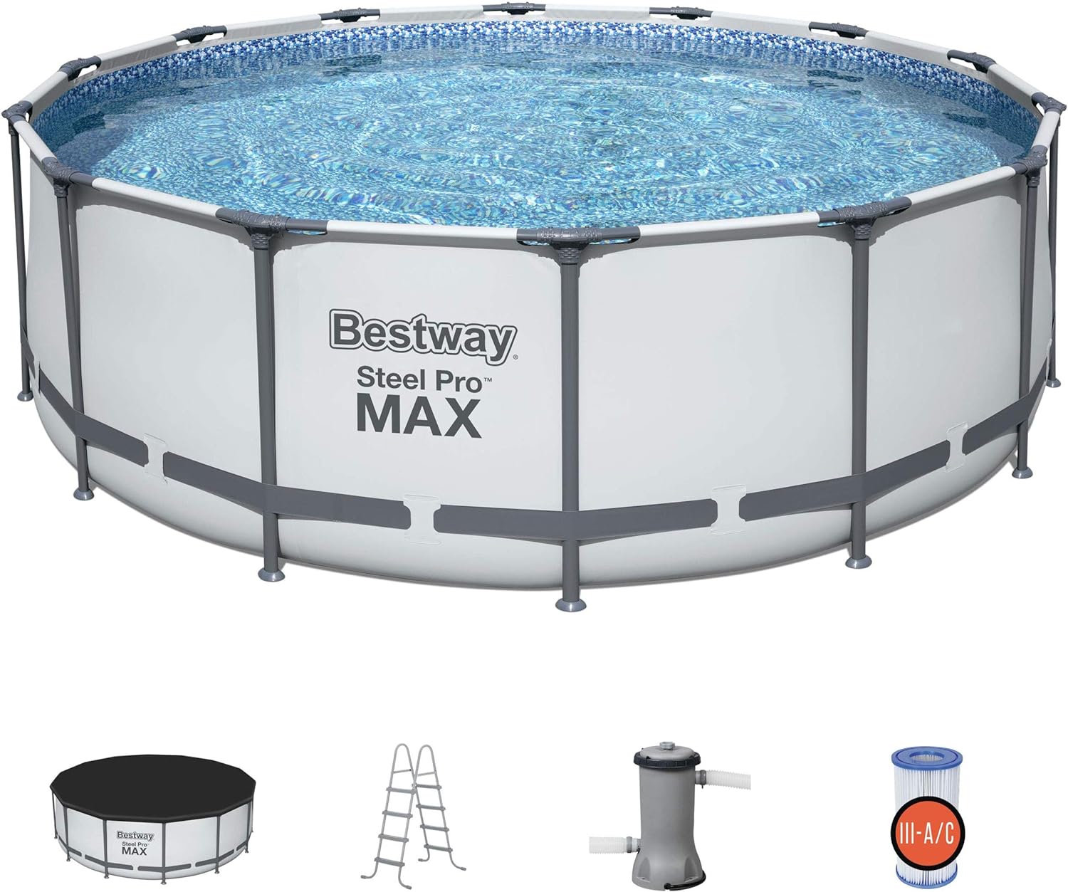 Bestway Steel Pro MAX 14 x 48 Round Steel Above Ground Outdoor Swimming Pool Metal Frame for Backyards with Included Accessories, Blue