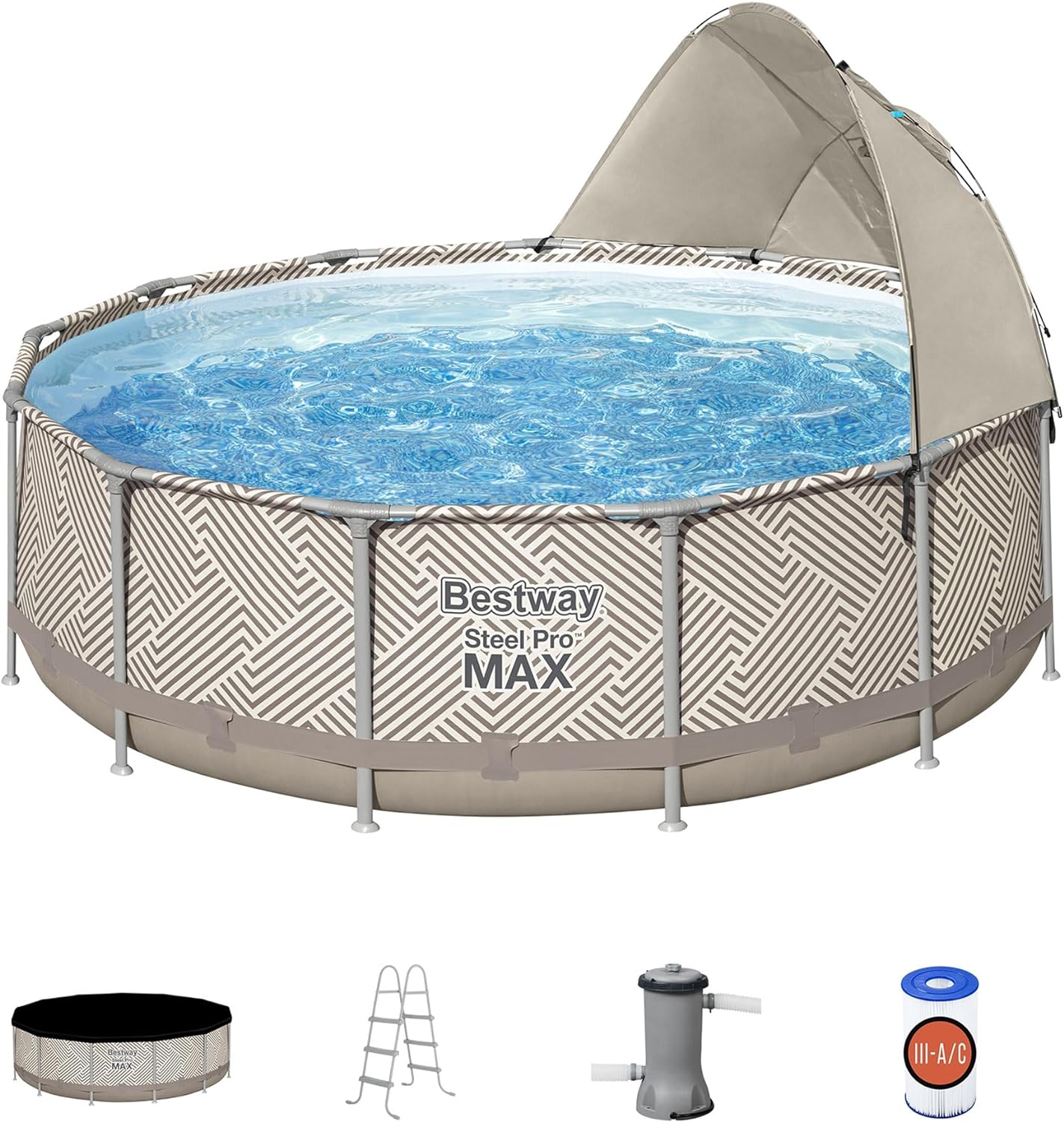 Bestway Steel Pro 13 feet x 42 inches Round Above Ground 2,941 Gallon Pool Set with DuraPlus Liner, Pool Filter, Canopy, Ladder, and Repair Patch