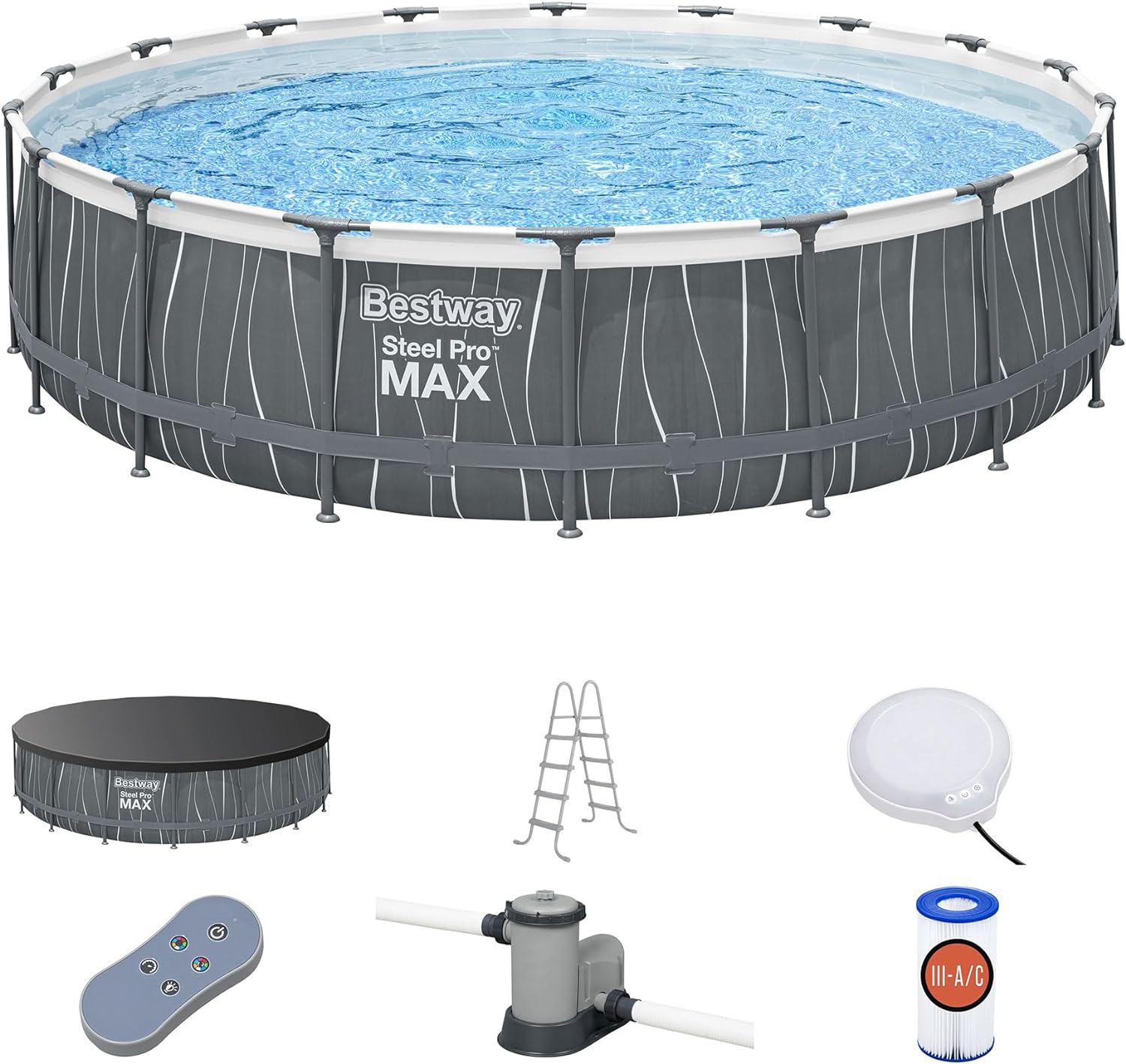 Bestway Steel Pro MAX 18 Foot x 48 Inches Metal Frame Above Ground Round Swimming Pool Set with LED Light, Remote Control, Ladder, and Pool Cover