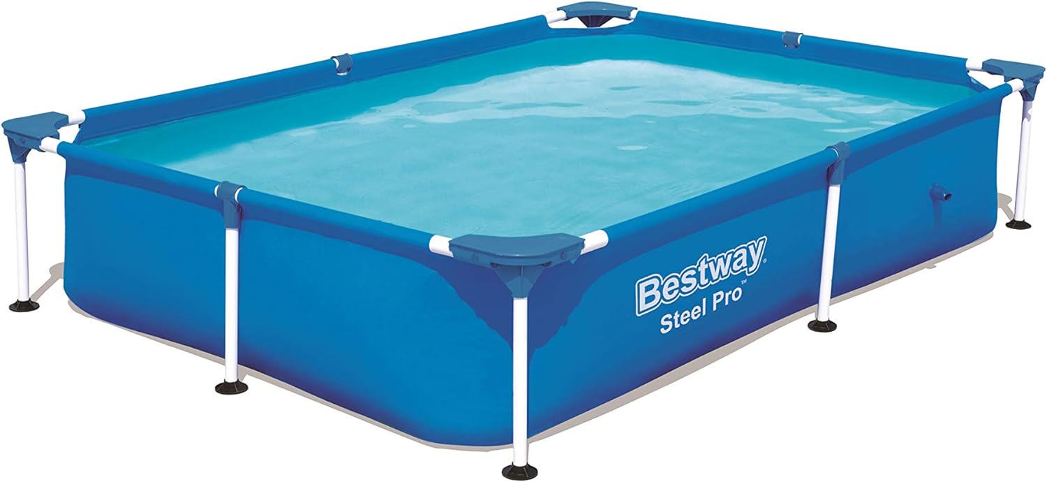 Bestway Steel Pro 87 Inch x 59 Inch x 17 Inch Rectangular Metal Frame Above Ground Outdoor Backyard Swimming Pool, Blue (Pool Only)