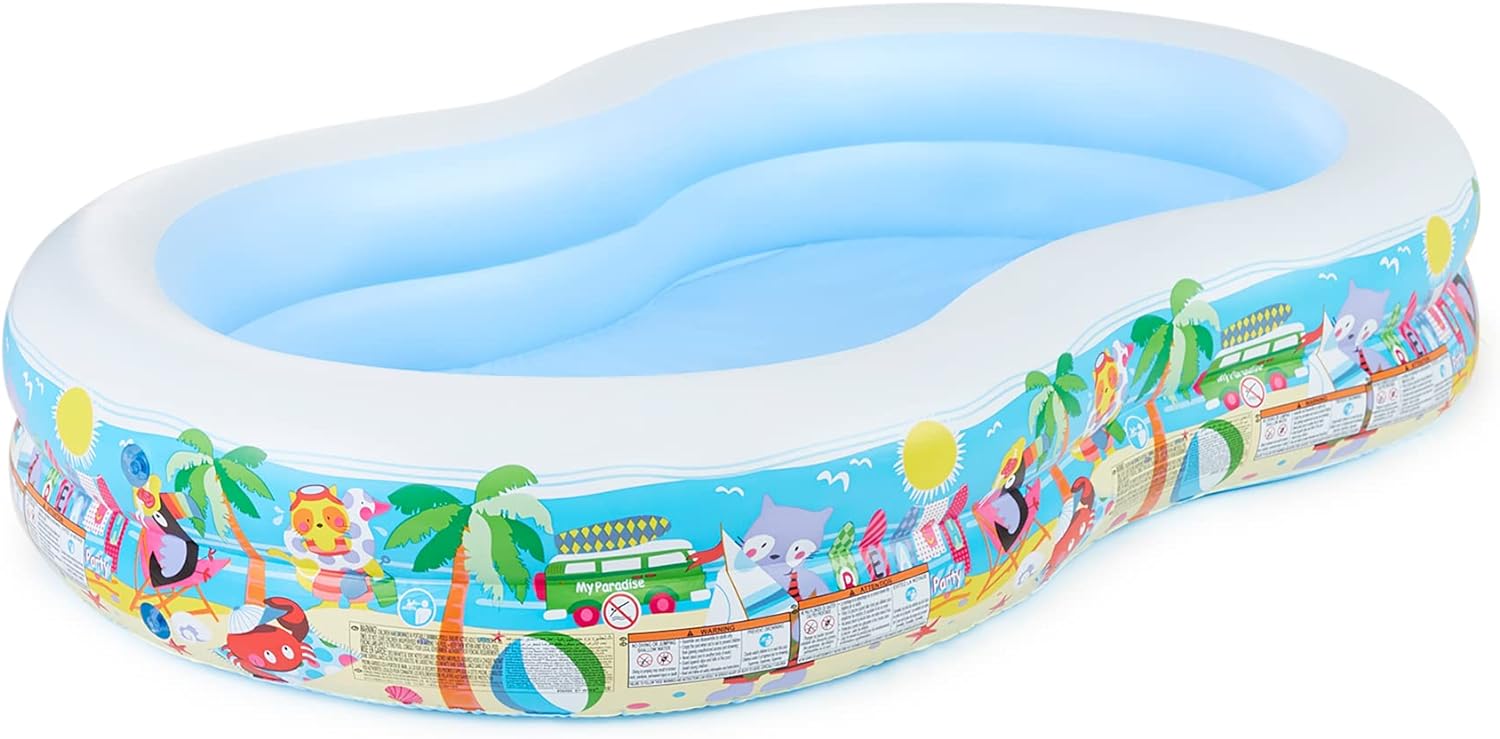 Intex 8.5ft x 5.25ft x 18in Swim Center Paradise Seaside Inflatable Kiddie Pool with Drain Plug for Quick and Easy Clean Up