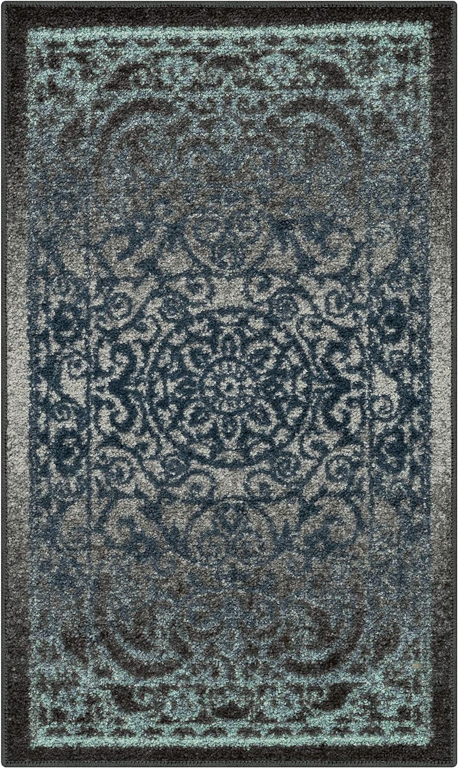 Maples Rugs Pelham Vintage Kitchen Rugs Non Skid Washable Accent Area Carpet [Made in USA], 1'8 x 2'10, Charcoal/Radiant Blue