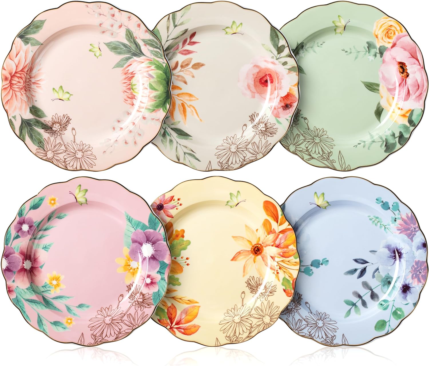 BTaT- Porcelain Floral Plates, 8 inch, Set of 6, Royal Dessert Plates, Appetizer Plates, Floral Plates, Salad Plates, Small Plates, Small Plates Set, Small Dishes, Dinnerware