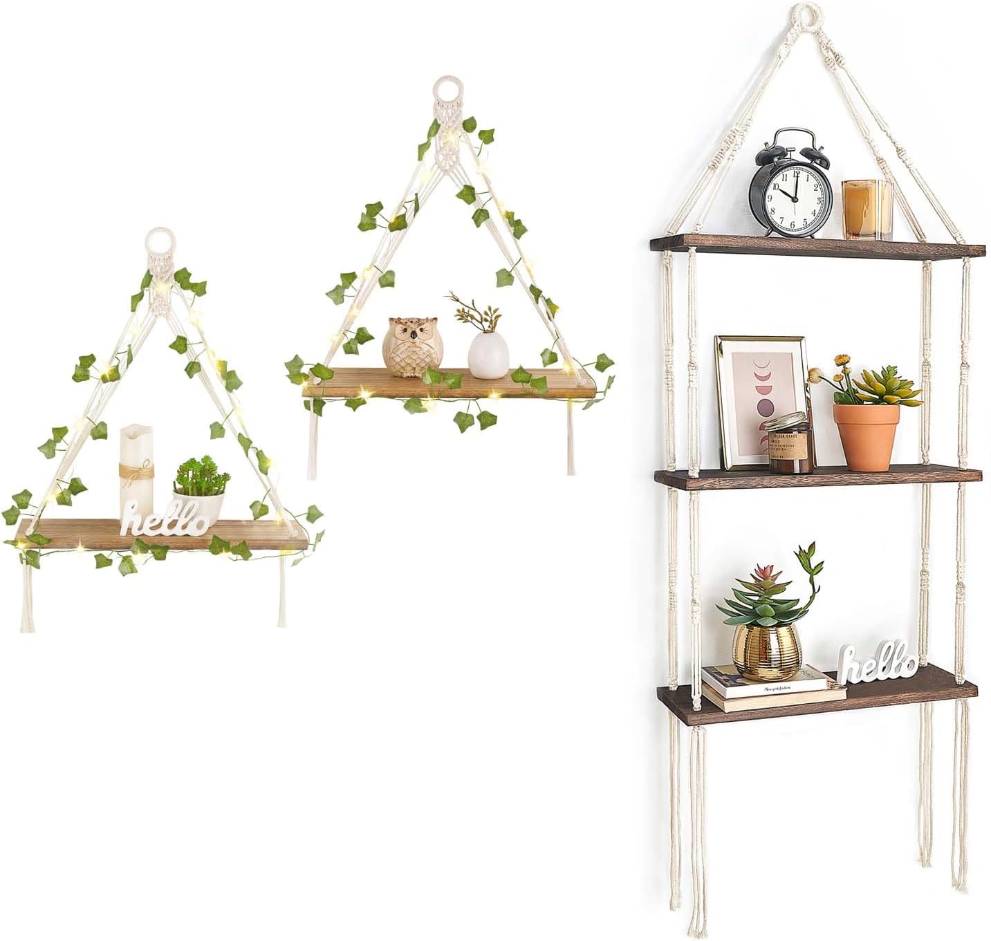 Mkono Artificial Ivy Macrame Hanging Shelves with Lights Set of 2 and 3 Tier Wood Floating Shelves with Cute Woven Rope Boho Room Decor Display Photos Plant Hanging Storage Shelves for Bathroom