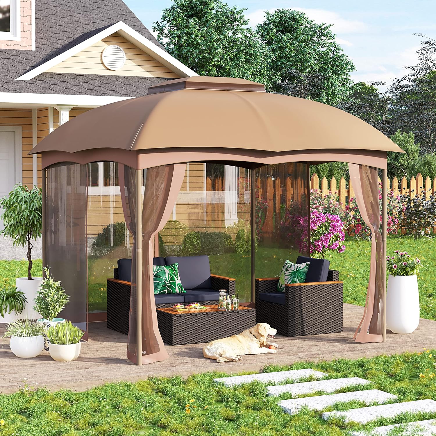 MFSTUDIO 10'x10' Patio Gazebo Tent,Heavy Duty Outdoor Canopy Shelter with Mosquito Netting and Double Roof Tops for Garden Backyard Parties Deck Yard Lawns 