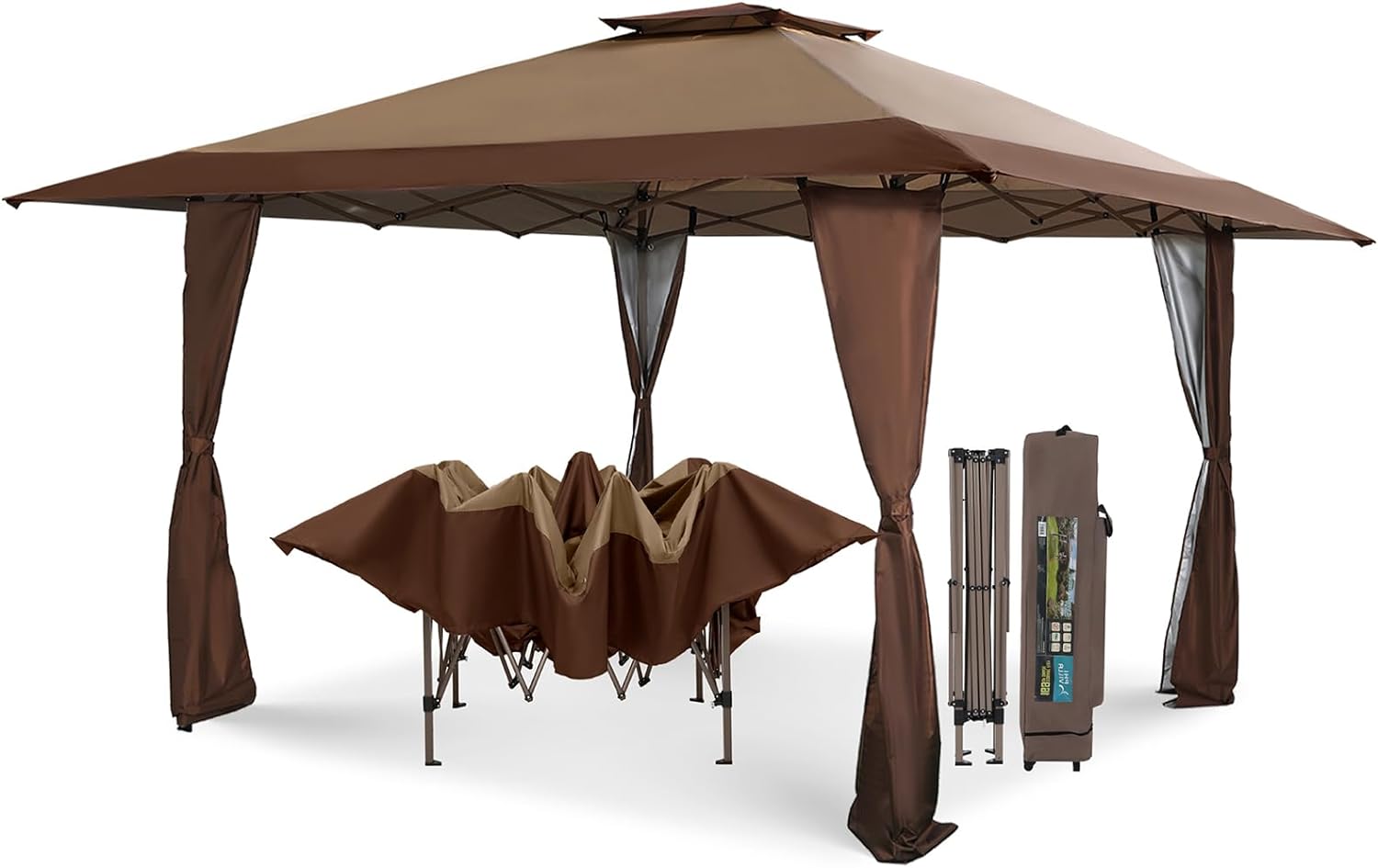 PHI VILLA 13' x 13' Patio Gazebo Tent Outdoor Pop-up Canopy Shelter with Elegant Corner Curtain for Backyard, Party, Family Outings, 169 Sq. Ft of Shade, Brown