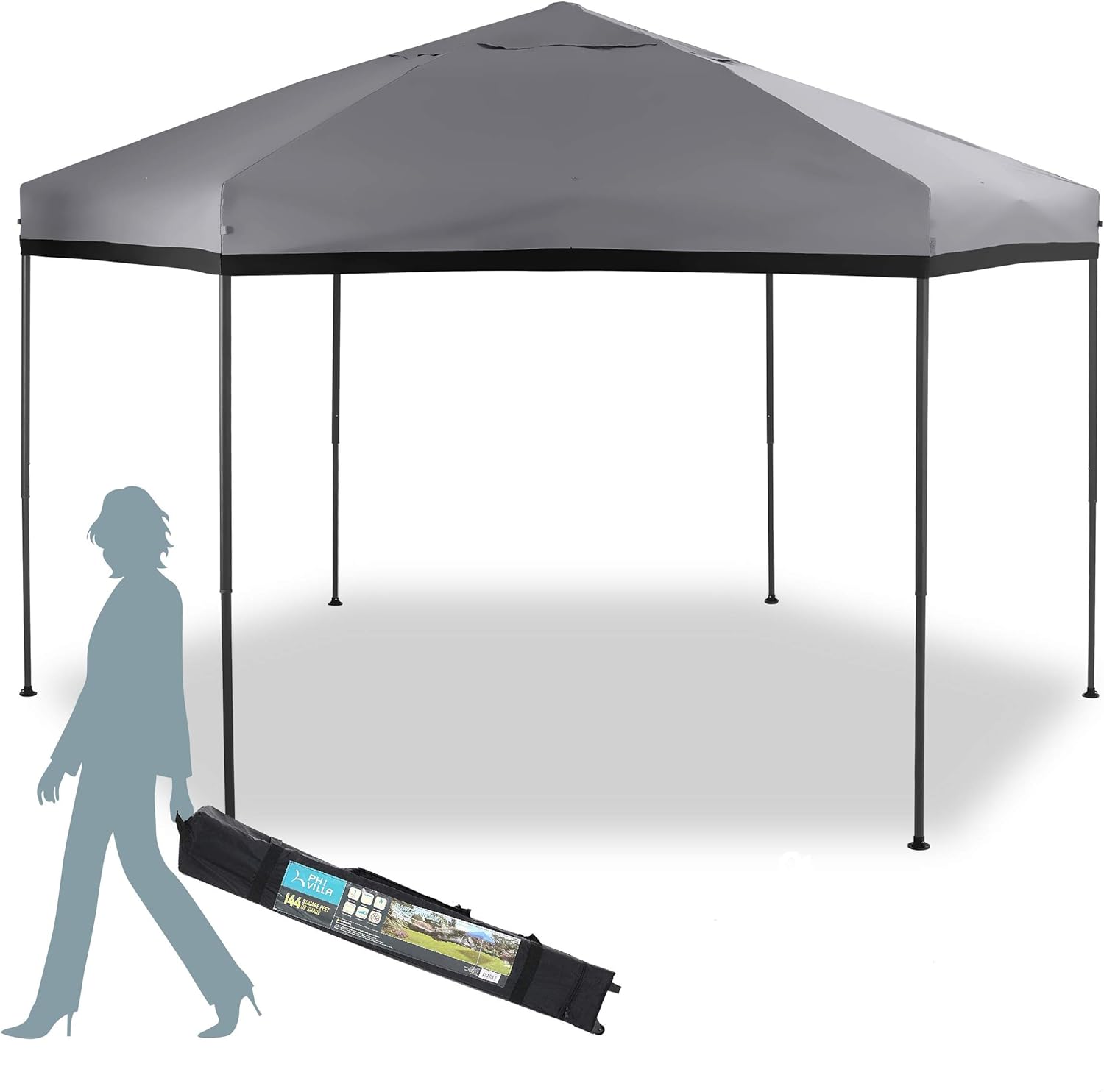 MFSTUDIO 12'x10' Hexagon Pop-Up Portable 6 Sided Gazebo,Instant Screened Canopies with Heavy Duty Roller Bag(112 Square Feet of Shade),Grey
