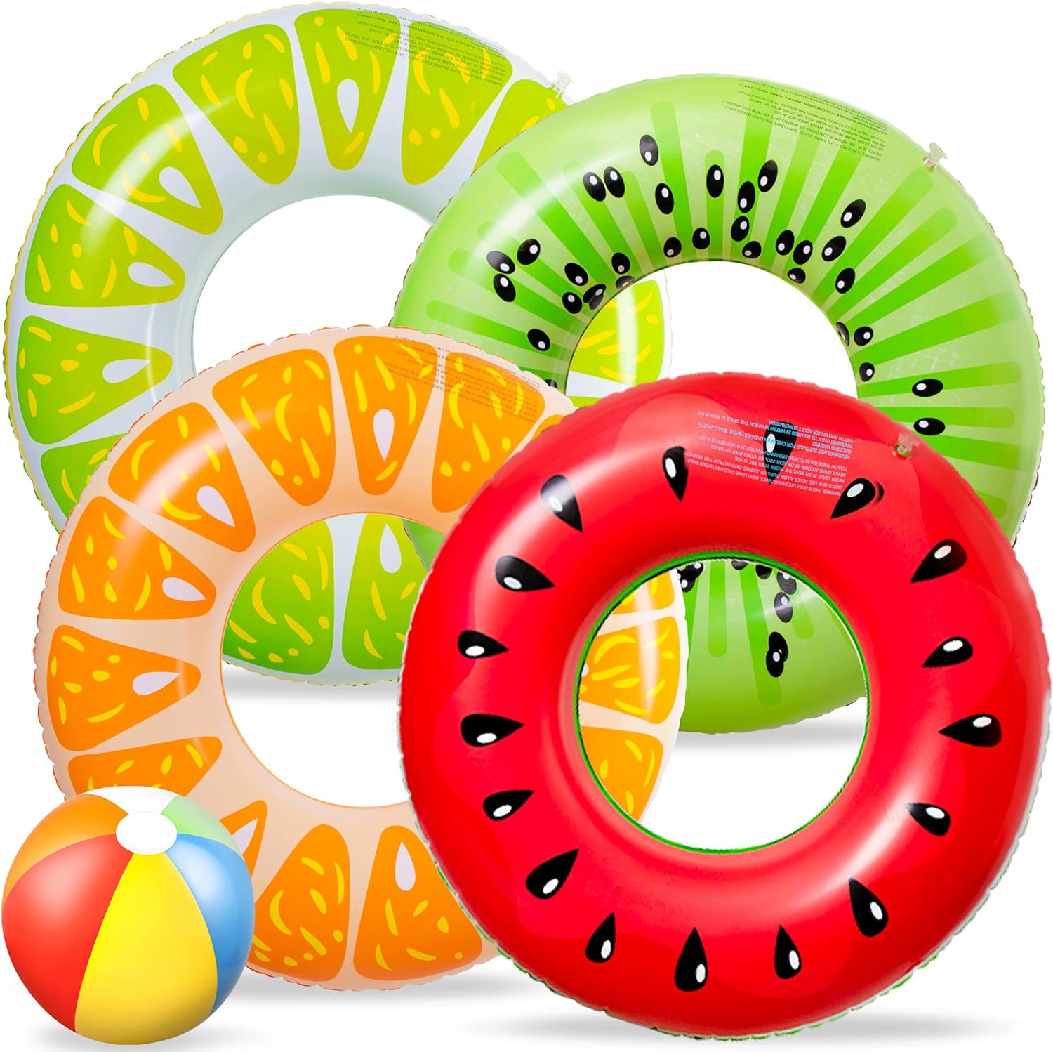 90shine 5PCS Fruit Pool Floats Watermelon Kiwi Orange Lemon Swimming Rings with 13.5 Beach Ball - Inflatable Tubes Floaties Toys for Kids Adults