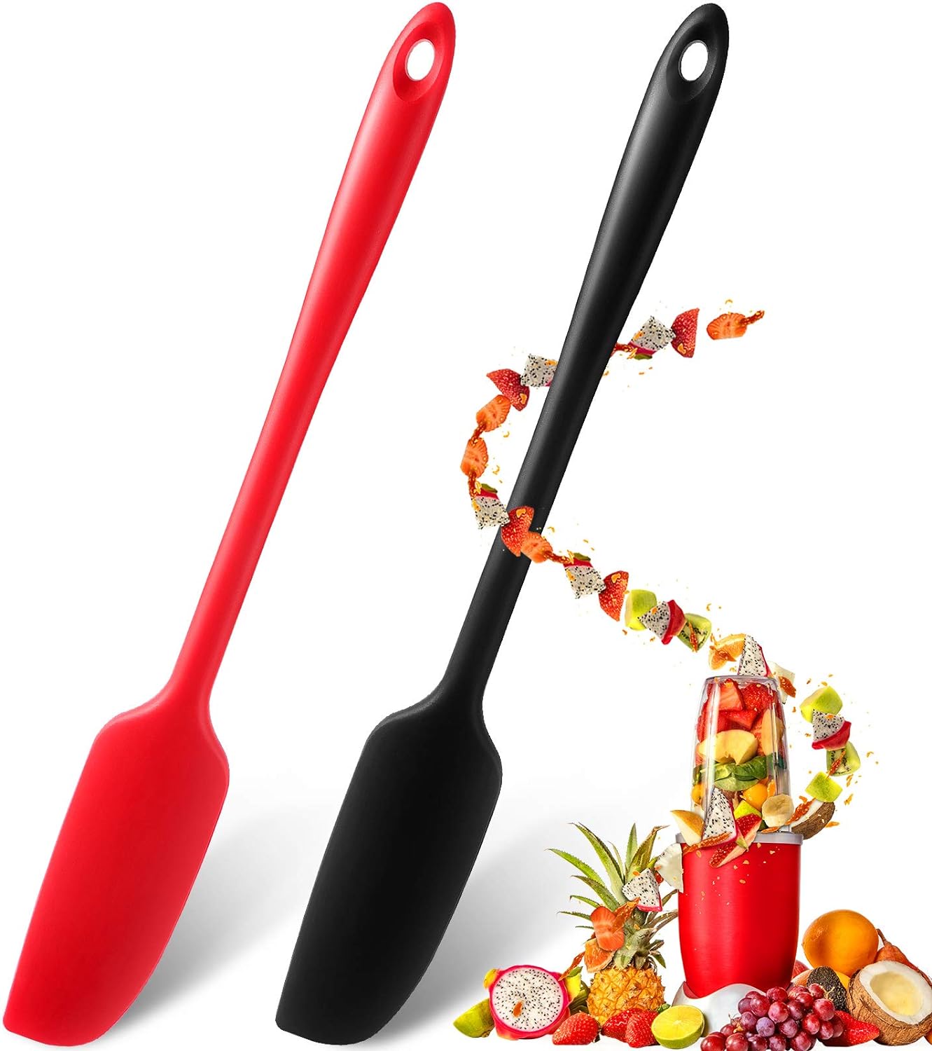 Long Handle Silicone Jar Spatula Non-Stick Rubber Scraper Heat Resistant Spatula Silicone Scraper for Jars, Smoothies, Blenders Cooking Baking Stirring Mixing Tools (2, Red, Black)