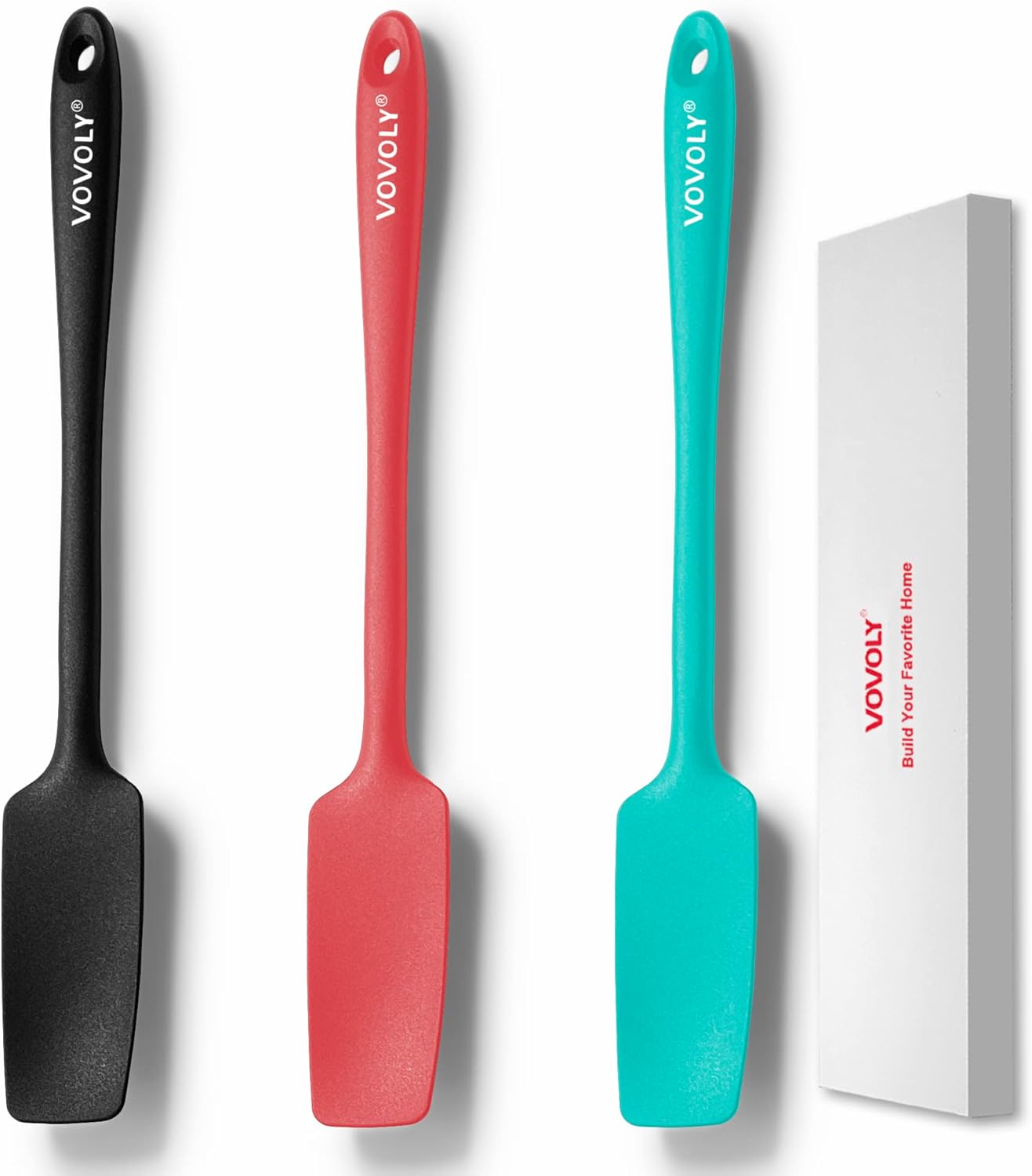 VOVOLY Silicone Jar Spatulas, Long Handle Jar Spatulas, 600F Heat Resistant Small Spatula, Seamless Design, Stainless Steel Core, BPA Free Spoonula (3, Mixed)