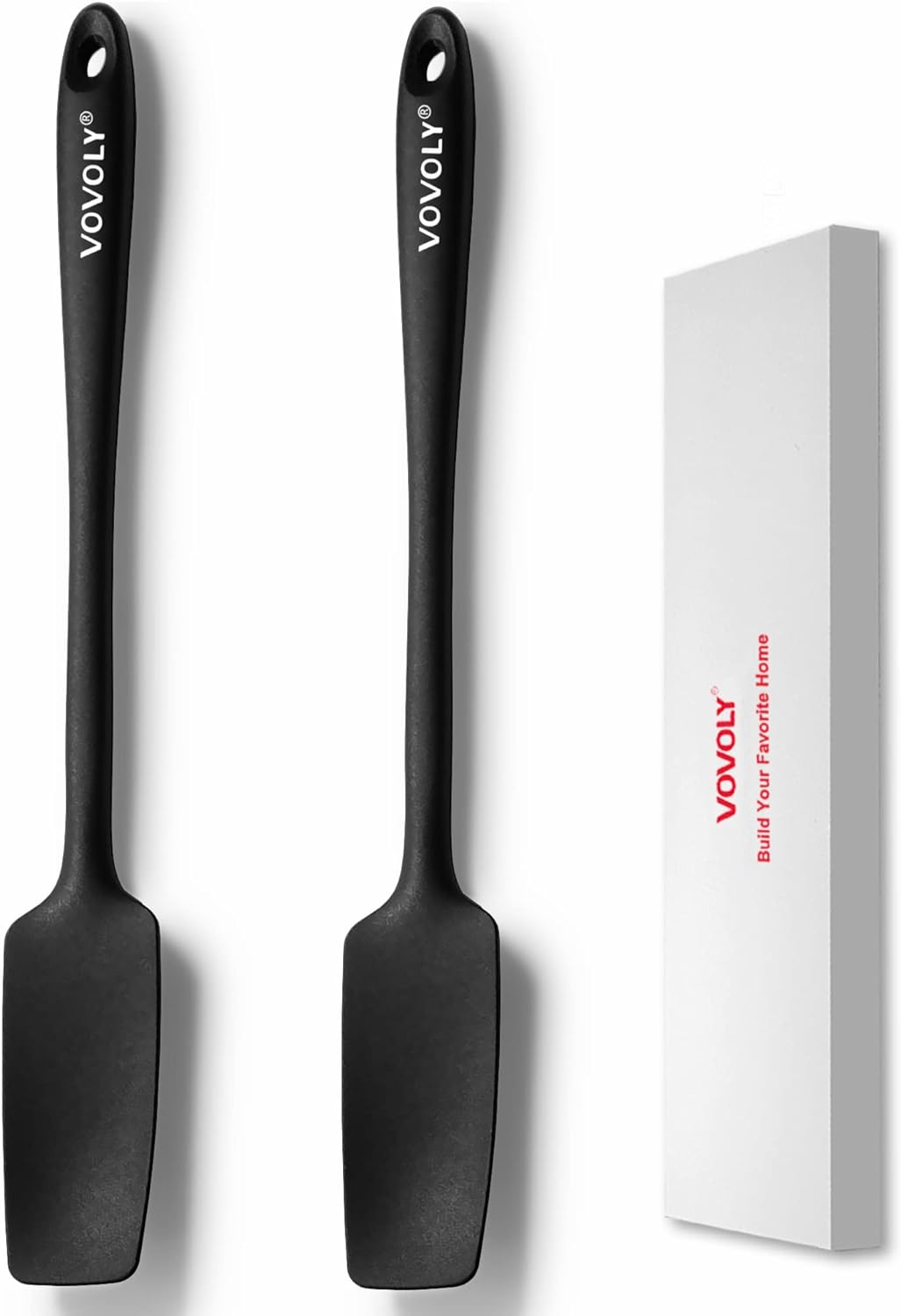 2-Pack Silicone Small Jar Spatulas with Long Handle, Upgraded Heat Resistant Spatula for Non Stick Cookware, Seamless Design, Stainless Steel Core, BPA Free Spoonula, Black