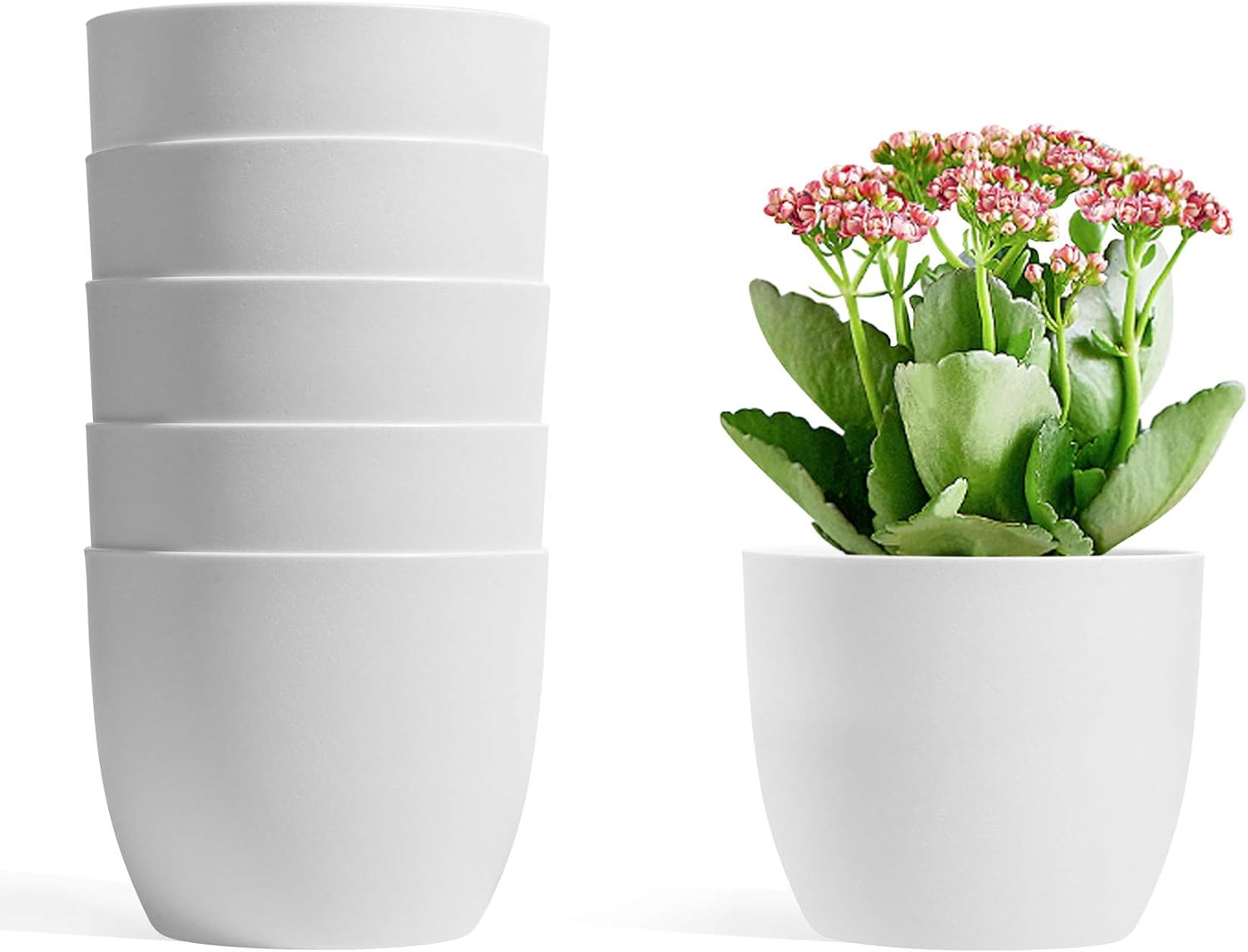 T4U 5 Inch Self Watering Planters Plastic Plant Pot, Modern Decorative Flower Pot/Window Box for All House Plants, Flowers, Herbs, African Violets, Succulents - White, Set of 6