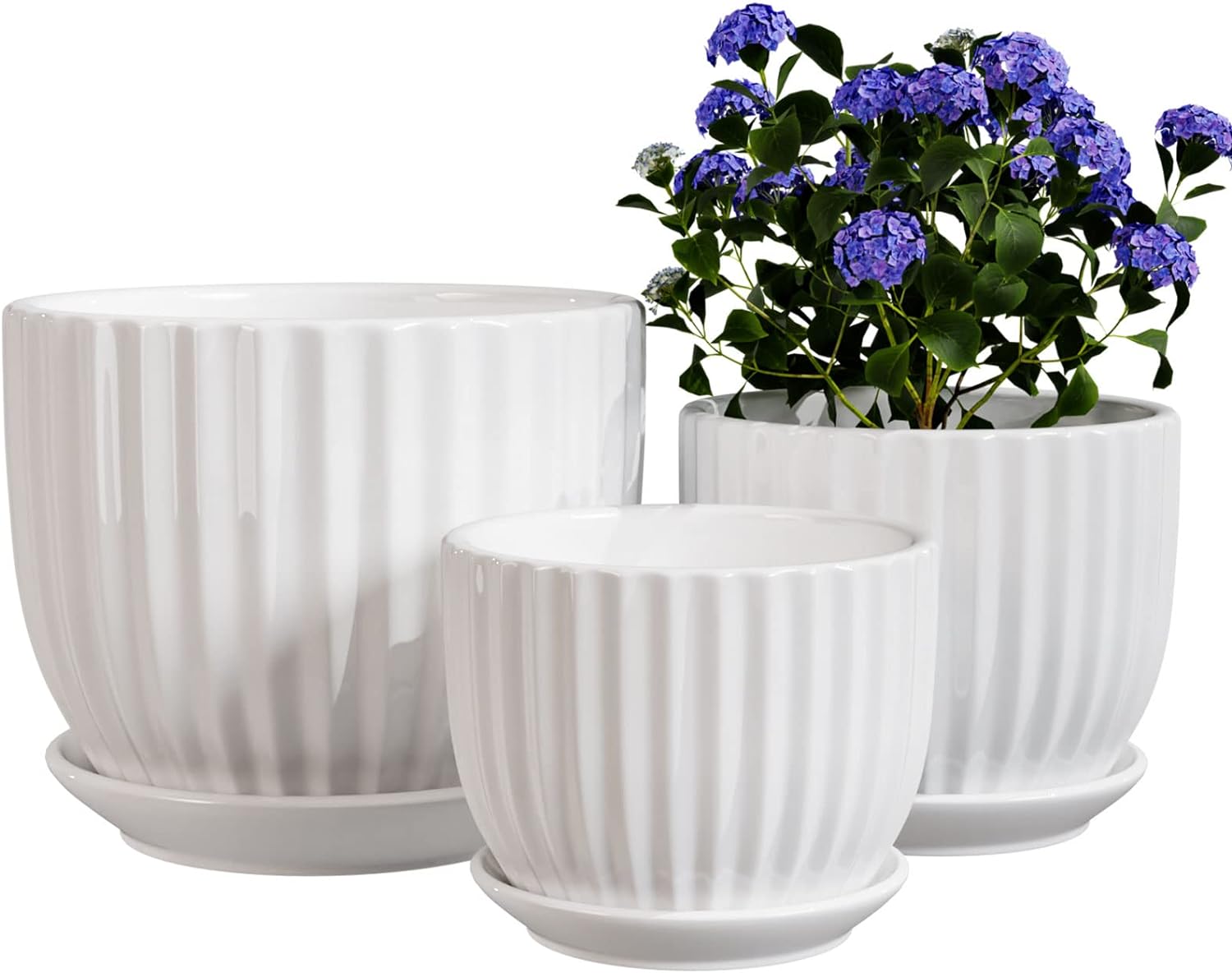Ton Sin White Plant Pots Set of 3,Indoor Ceramic Flower Pot with Saucers,6.7&5.5&3.9 Inch Small to Medium Sized Planters for Plants,Round Modern Garden Pots